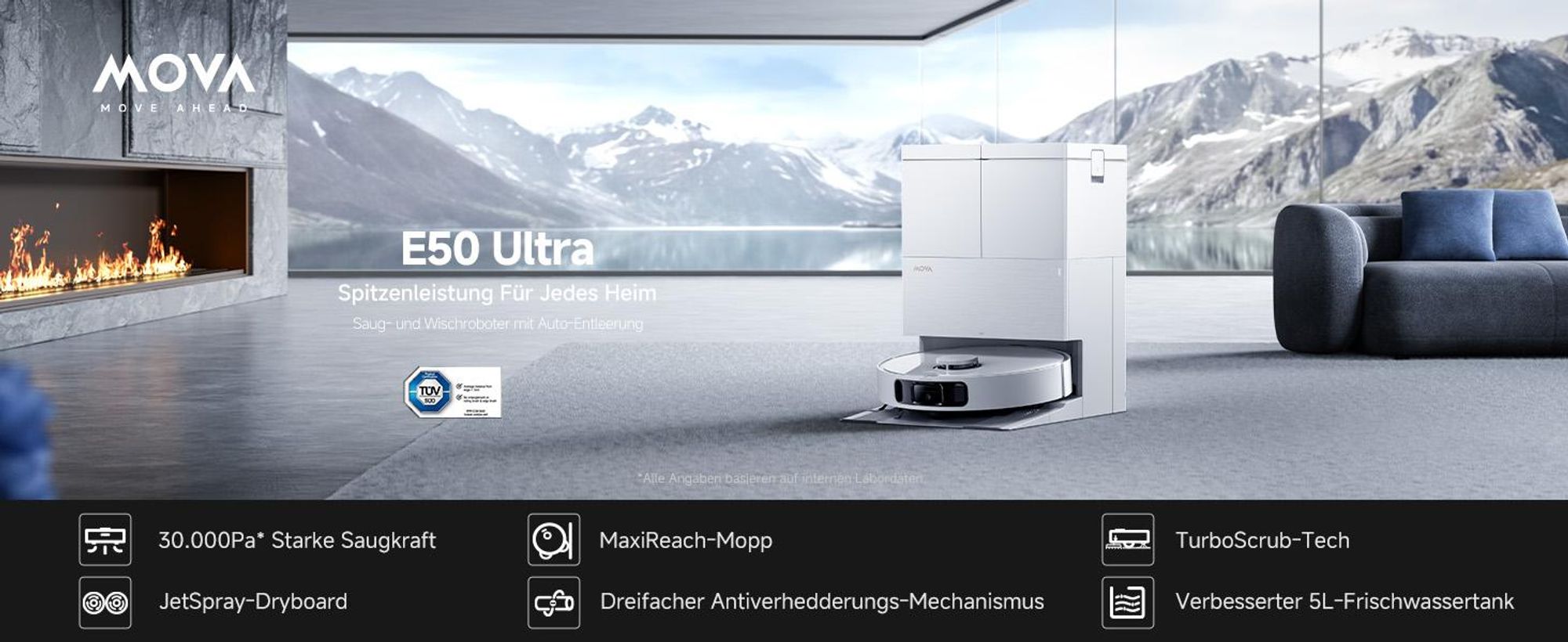 MOVA E50 Ultra Saugroboter mit Wischfunktion, 30.000Pa, 12N/260Umin, MaxiReach-Mopp, Auto-Entleerung, 5L Tank