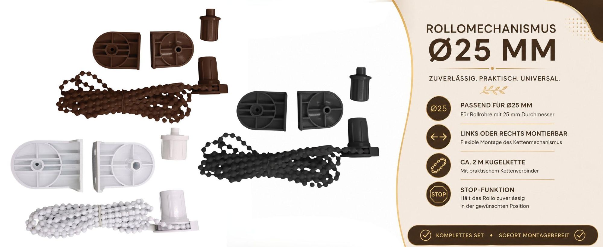 Rollomechanismus Ø25 mm Weiß mit 2 m Kette für Seitenzugrollo