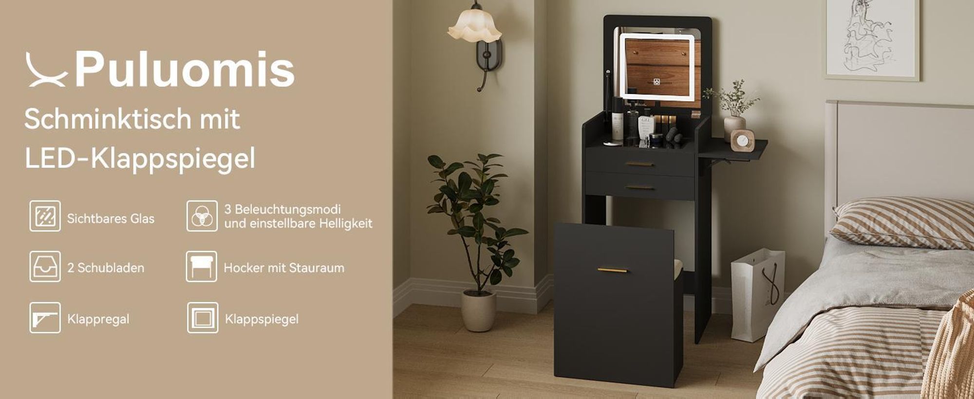 Puluomis 3-in-1 Schminktisch mit LED Beleuchtung Spiegel, Kommode mit 2 Schubladen, klappbar Brett, Hocker mit Lagerung, Nachttisch schwarz