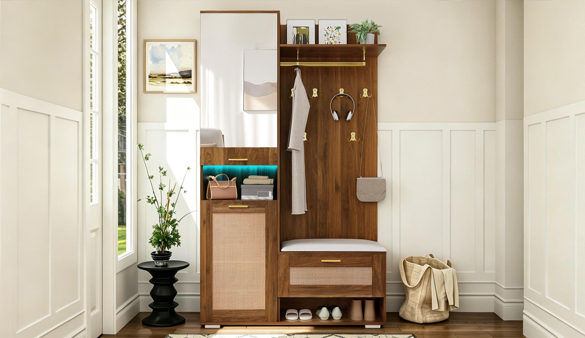 okwish Flurschrank Kleiderschrank mit Spiegel und Schuhschrank,Wandgarderobe mit Stauraumfach und LED-Beleuchtung,Nussbaum