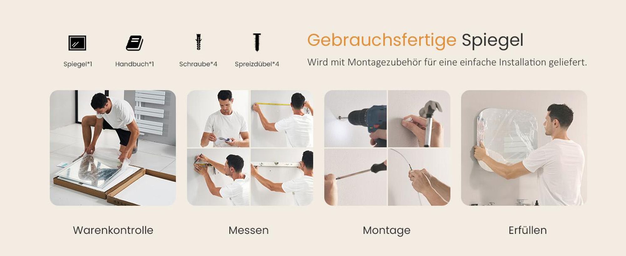 EMKE LED Badspiegel 50 x 50 cm Badezimmerspiegel mit Beschlagfrei, 3 Lichtfarbe Badezimmerspiegel mit Touch-schalter, Dimmbar Wandspiegel mit Speicherfunktion