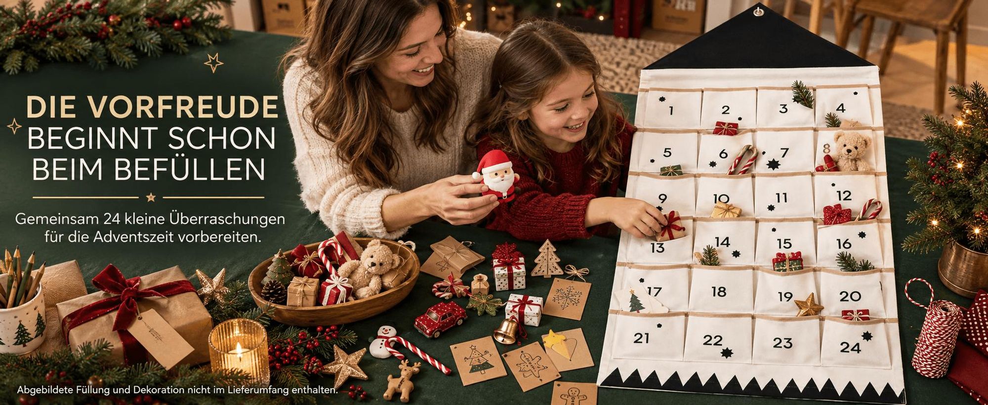 Adventskalender zum Aufhängen, 24 Taschen Stoff, befüllbar, Weihnachtsdeko, wiederverwendbar