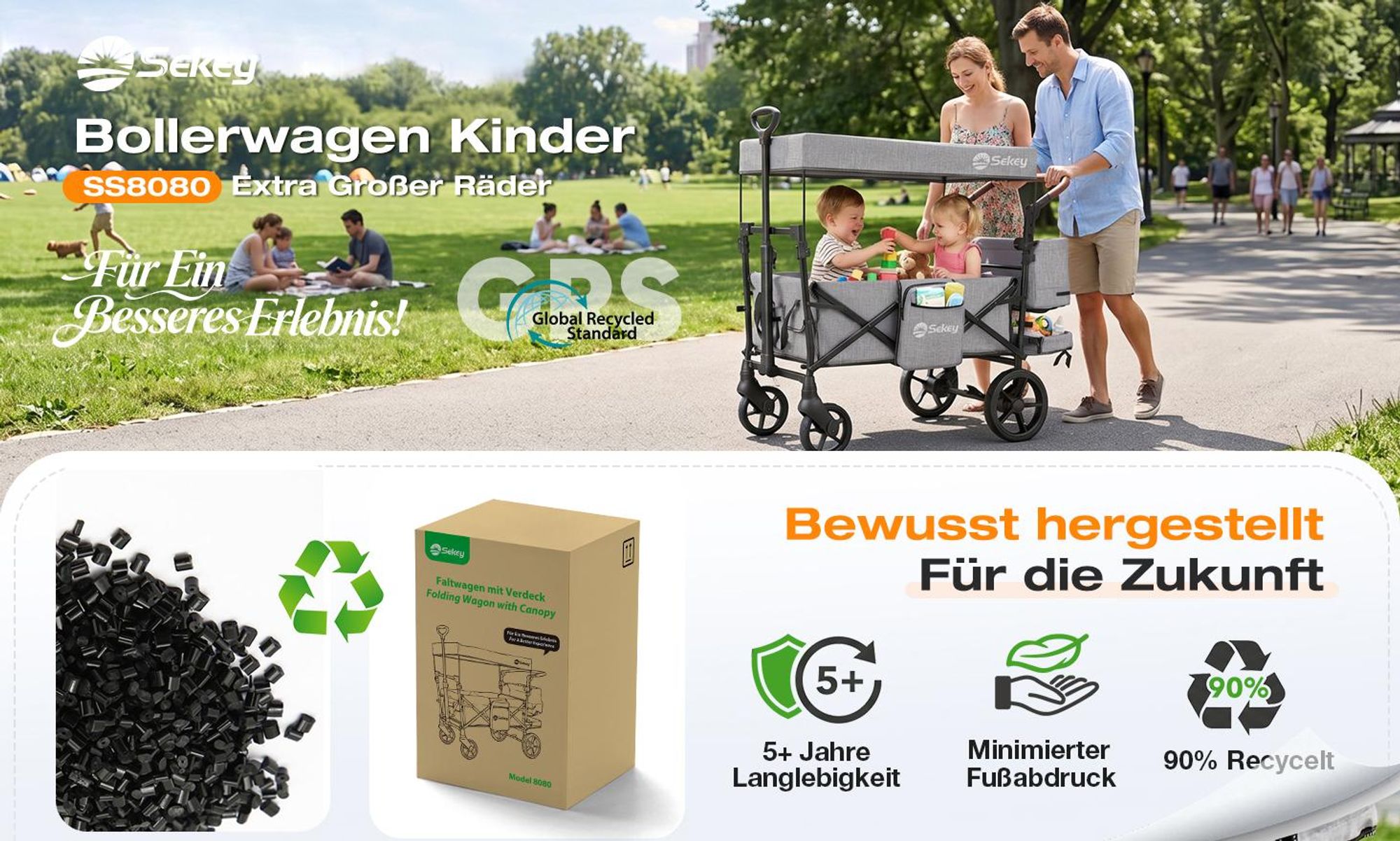 Sekey Bollerwagen Faltbar mit Dach Kinder Bollerwagen mit XXL-Rädern (24/20 cm), mit Zieh-/Schiebegriff, mit schwarz-weißer Paspelierung, Grau
