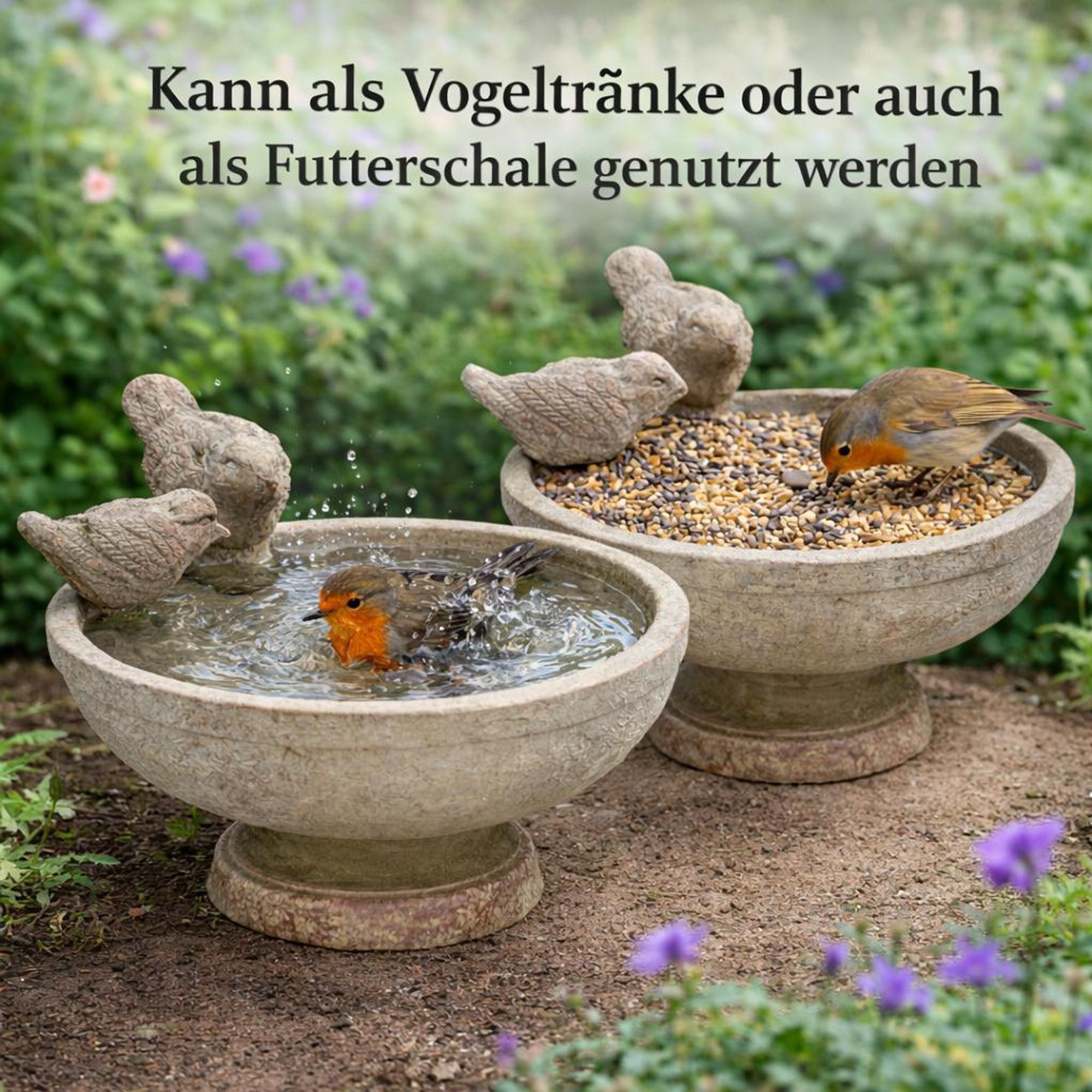 Vogeltränke mit 2 Vögeln auf Sockel Vogel Bad Tränke Garten Terrasse Balkon Futterstelle Bienen Zement rund Ø26cm