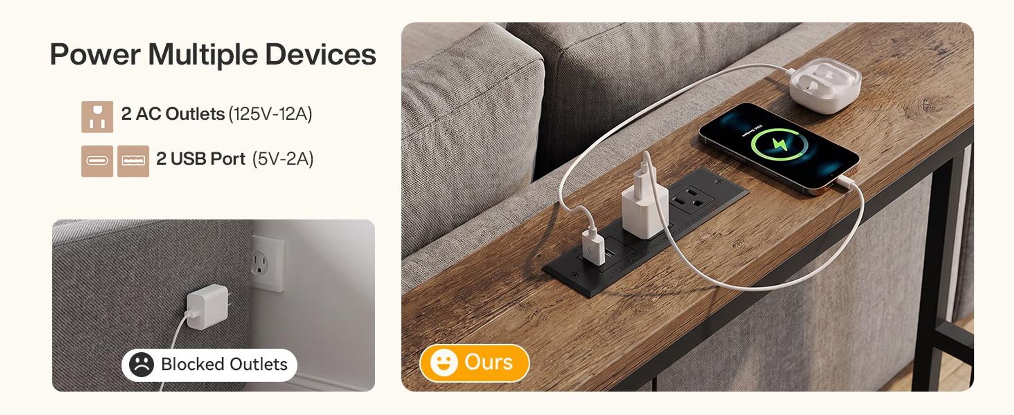 Schmaler Konsolentisch (180 cm) mit Steckdose, Rustikales, Schmaler Sofatisch mit Ladestation – langer Tisch für hinter das Sofa