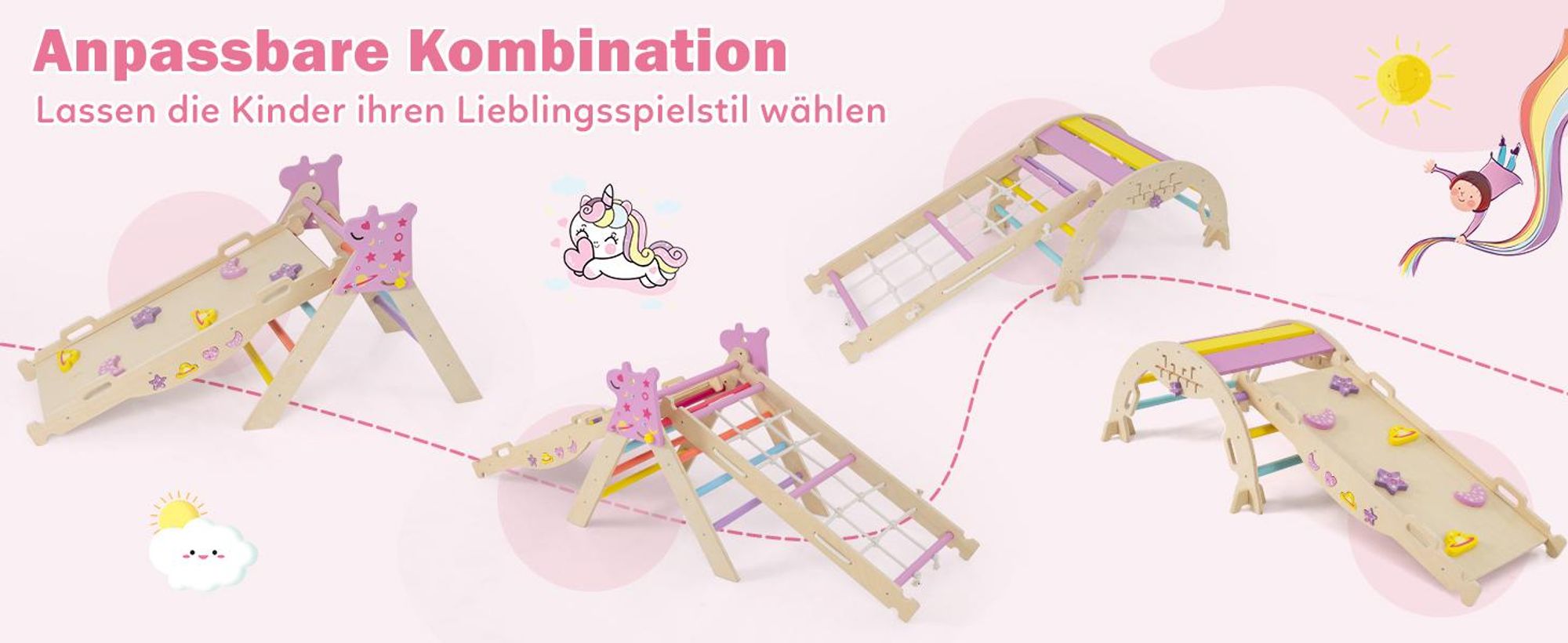 COSTWAY Klettergerüst Indoor 4er Set, klappabre Kletterdreieck mit Rutsche, Kletterbogen, Netz, doppelseitige Rampe, Baustein Set&2 Autos für Kinder1+