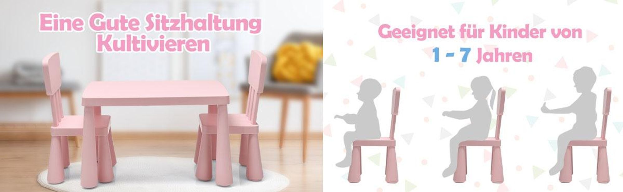 COSTWAY 3 tlg. Kindersitzgruppe, Kindertischgruppe, Kindertisch mit 2 Stühlen, Kindermöbel aus Kunststoff, Kinder-Tischset für Kinderzimmer Rosa
