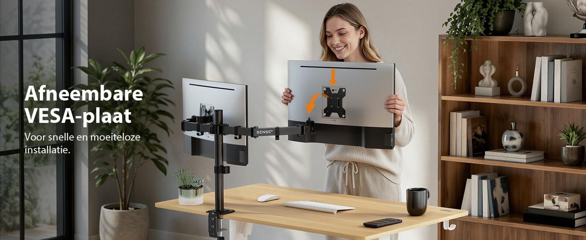 SENSE7 Hanglamp, dubbele monitorhouder, geschikt voor schermen van 17-32 inch, VESA-compatibel, 2x9kg draagvermogen, pivotfunctie, gasveer, bureau, 2 schermen, zwart, ergonomisch