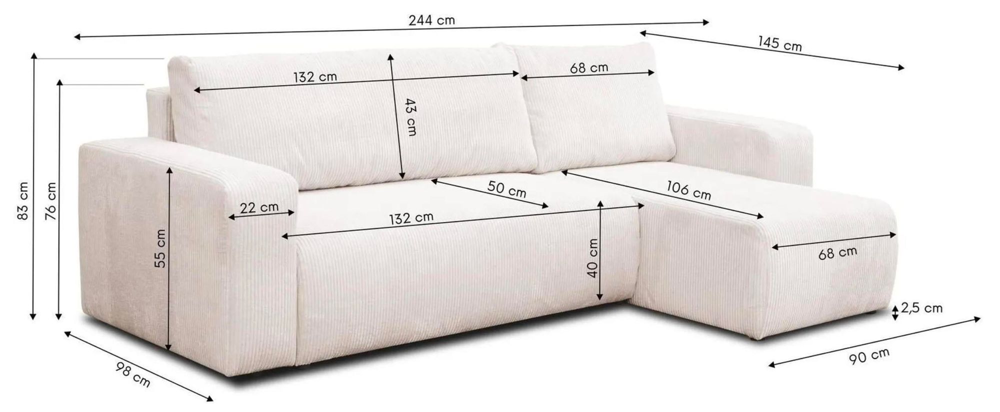 VENASI LUNA Universell Ecksofa mit Schlaffunktion und Bettkasten Cord Braun Schlafsofa Eckcouch Sofa