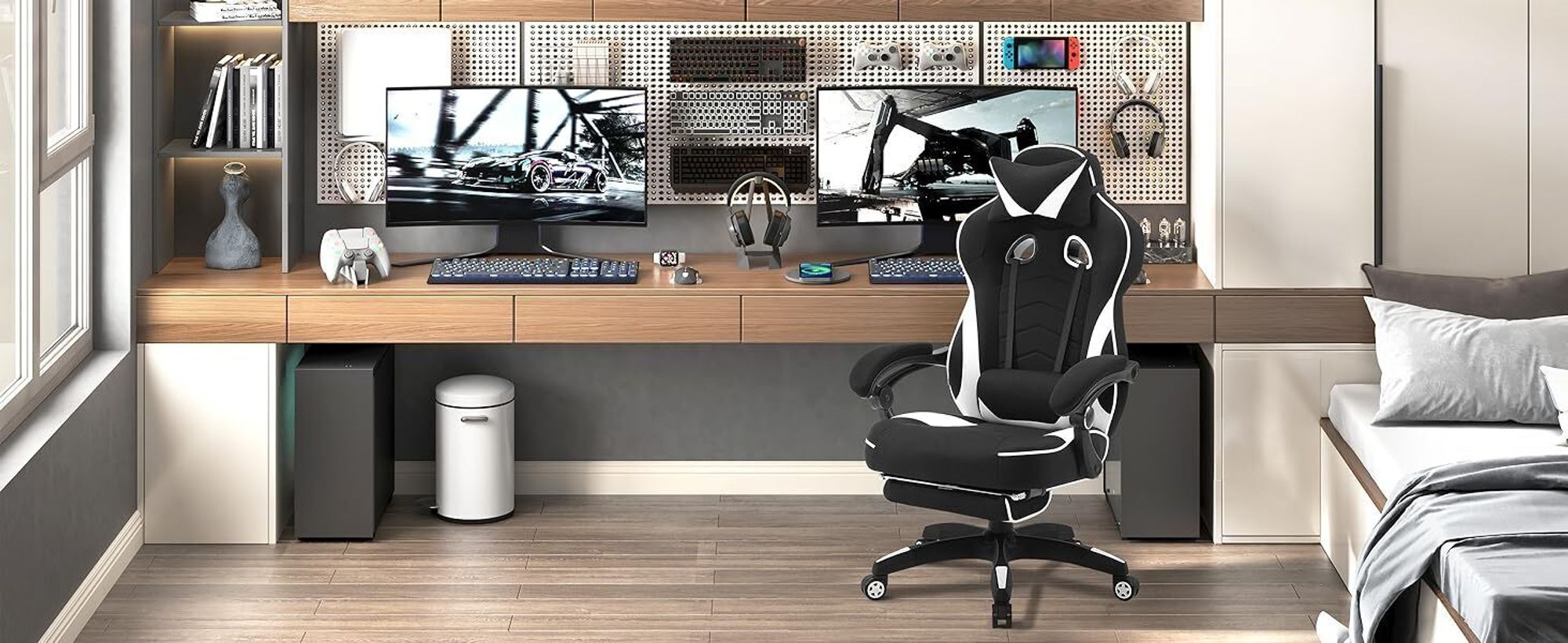 WOLTU Gaming Stuhl Racing Stuhl Bürostuhl Chefsessel mit Kopfstütze und Lendenkissen, Fußstütze, Stoff, Weiß, BS83ws