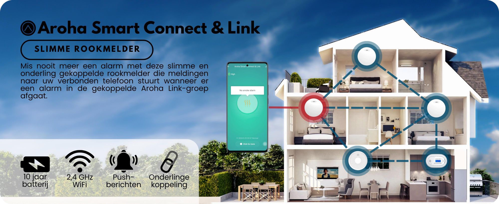 Aroha Smart Connect & Link rookmelder, verbonden met Wi-Fi - 10 jaar batterijduur - Rookmelder met app (Tuya & Smartlife) - 1 set