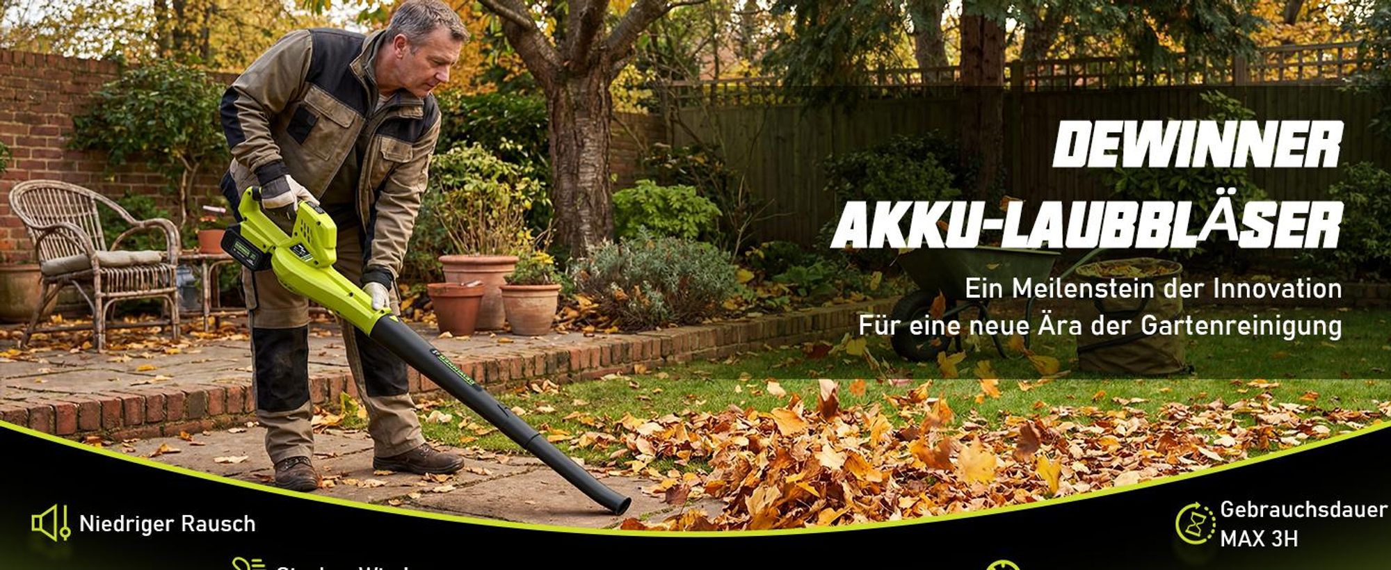 DEWINNER Kabelloser Laubbläser, 2 x 4.0Ah Akkus, 210 km/h, 6 verstellbare Geschwindigkeiten, 2 abnehmbare Rohre, Komplettset, Profi & Garten, Grün