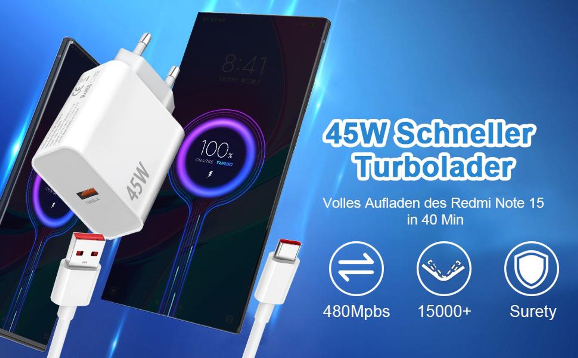 45W Ladegerät für Xiaomi Redmi Note 14 Pro 5G 6A Poco X7 M7 Pro M6 Mi Pad 7 6 5 Mi Redmi K80Pro, Super Turbo Charge Schnelllade mit USB C Kabel