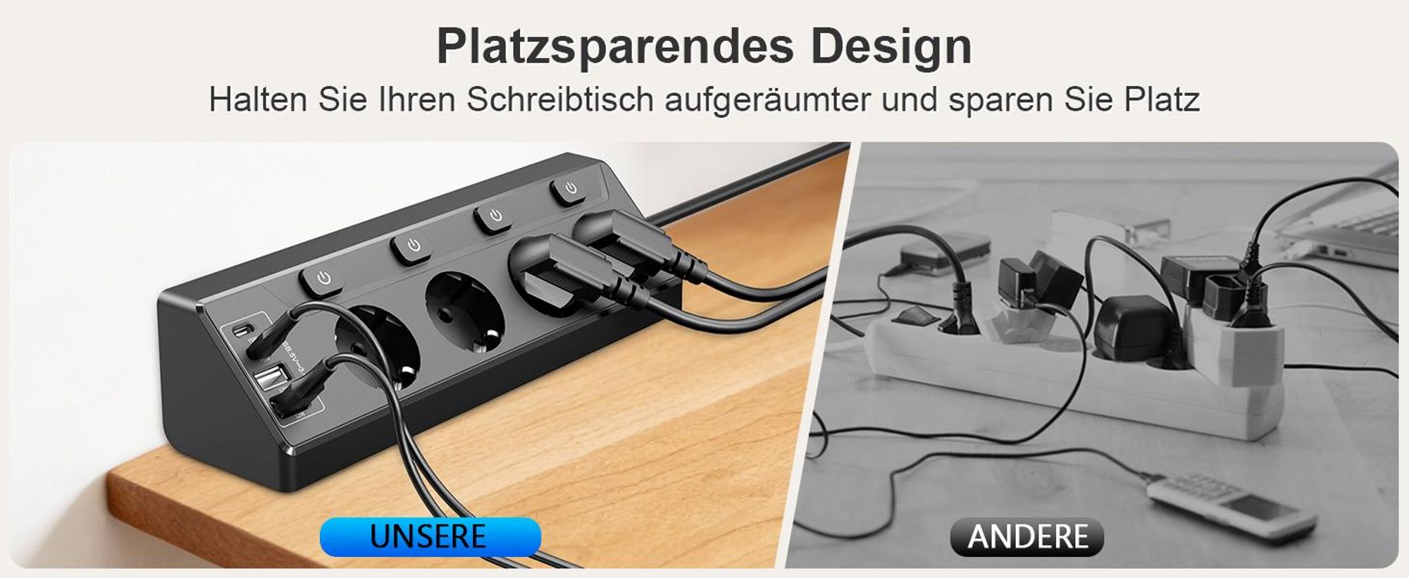 Steckdosenleiste, Steckdosenblock, Ecksteckdose, Mehrfachsteckdose, 4-fach Rund Mehrfachstecker, 4 USB (2 USB C), 2M Verlängerungskabel
