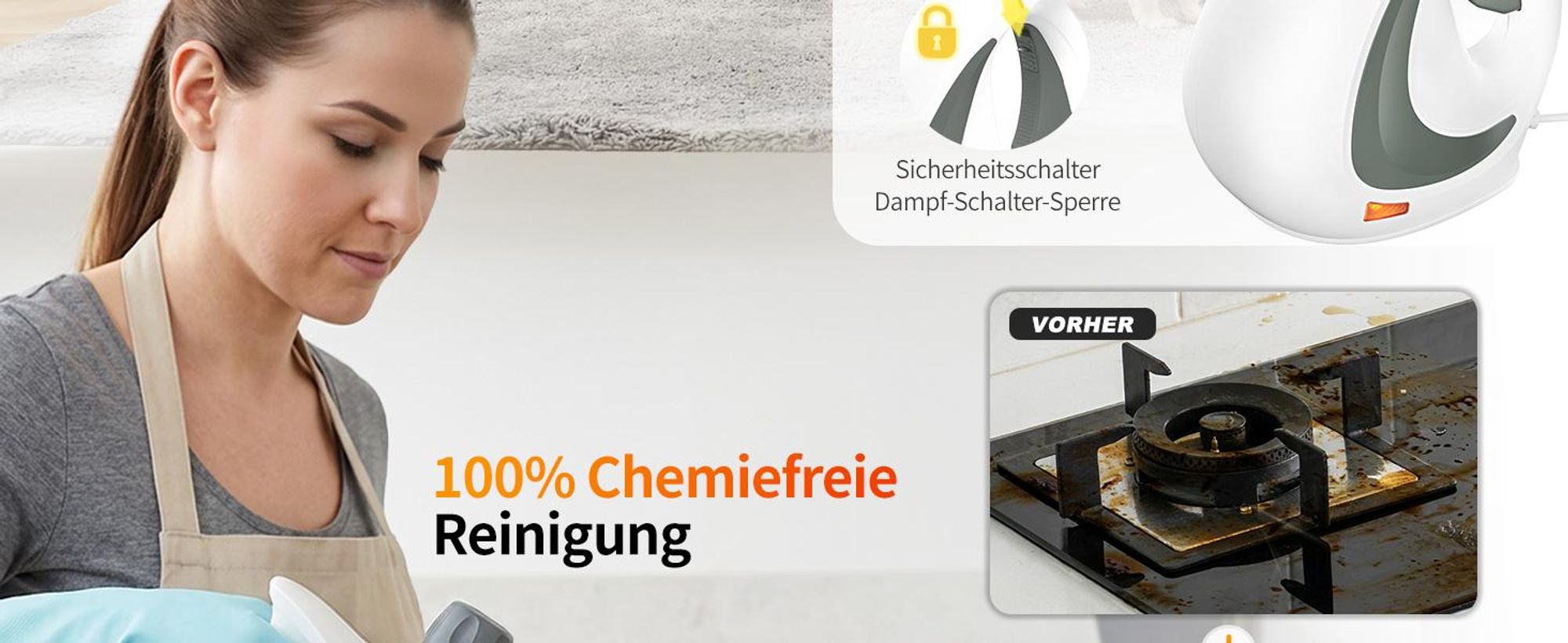 1300W Natürlicher Dampfreiniger mit Druck für mehrere Oberflächen, mit 12 Zubehörteilen, Mehrzweck-Dampfgarer für den Heimgebrauch, zur Reinigung