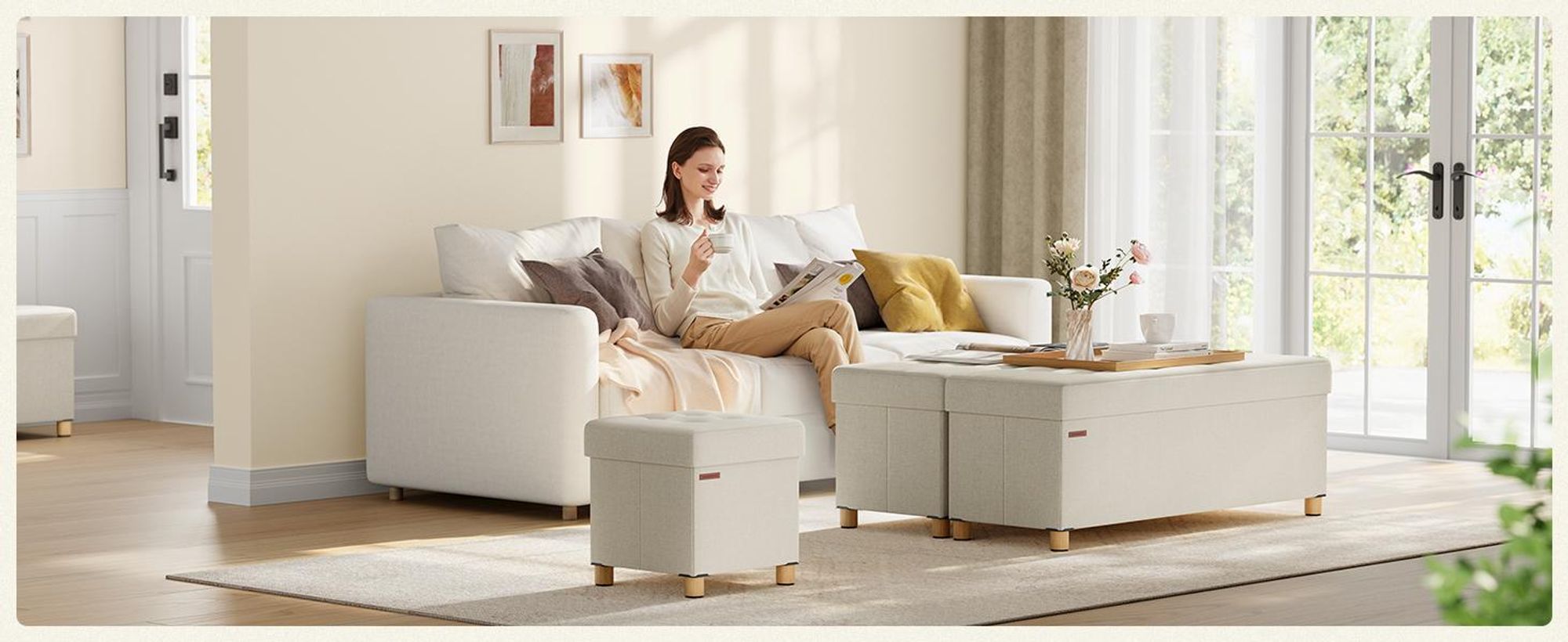 SONGMICS Sitzhocker, 37L, klappbare Sitztruhe, Aufbewahrungsbox, Cremeweiß
