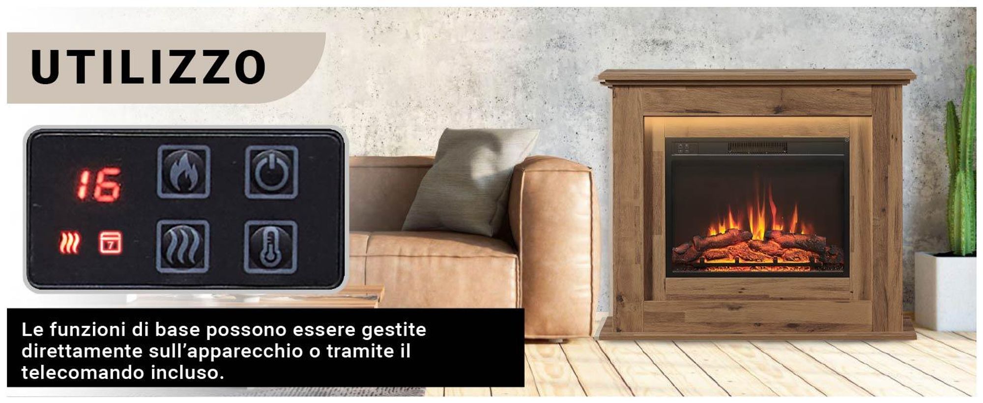 Camino elettrico BALDERIA Finn - Camino da appoggio, riscaldamento 2000 W - Rovere scuro