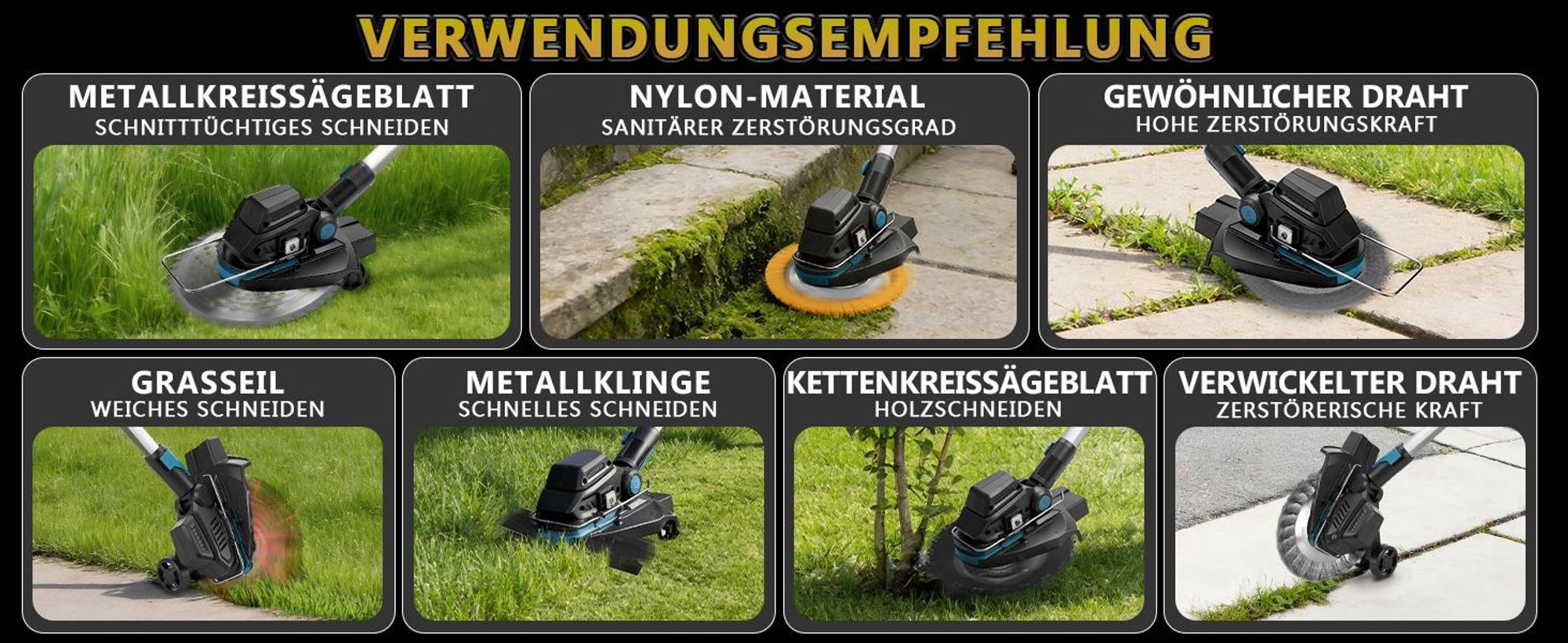 Akku-Rasentrimmer 1200W 16800 RPM Bürstenloser, Freischneider, Motorsense, mit 7 Klingentypen, 90°/100-140cm Einstellbar, für Makita 18V, Akkuanzeige