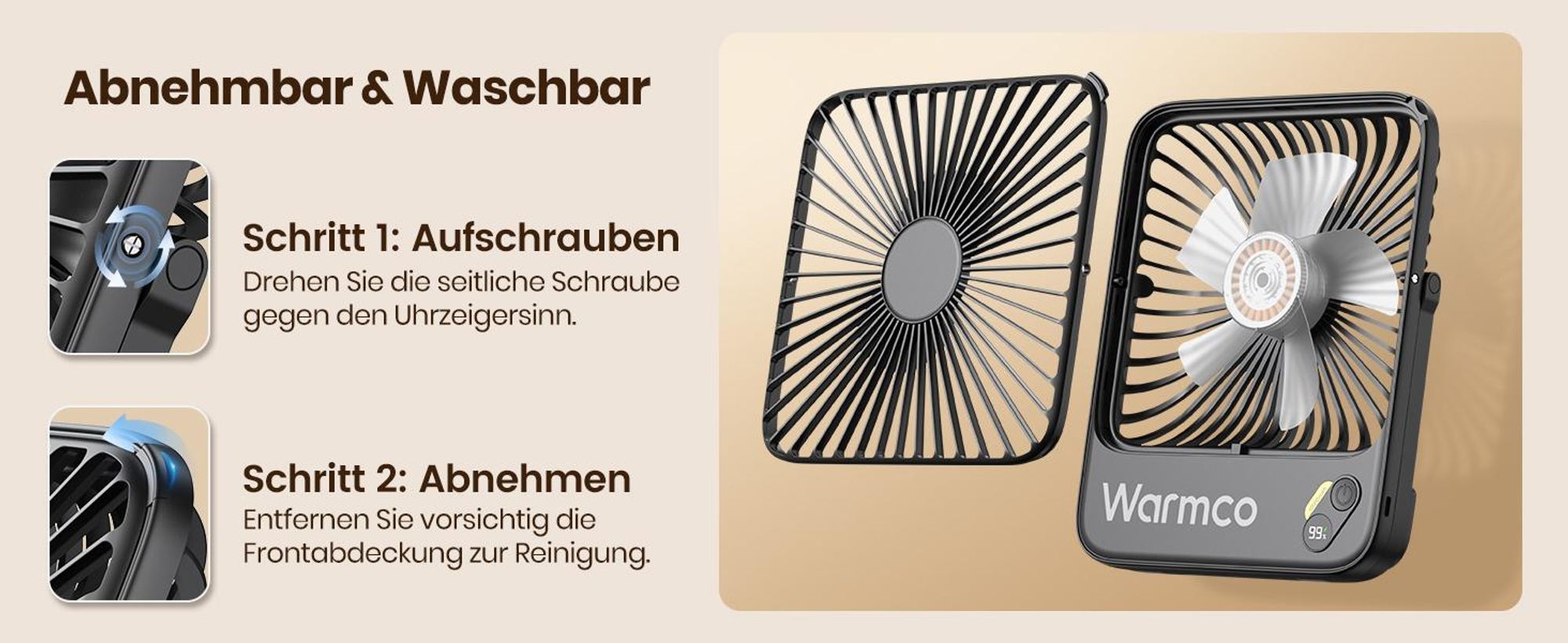 Warmco D3 Akku Ventilator 10000mAh, Tischventilator Leise, 10–24Std. USB-C, LED-Anzeige, Ultraflacher 4-Stufen Ventilator Für Büro, Schlafzimmer, Camp