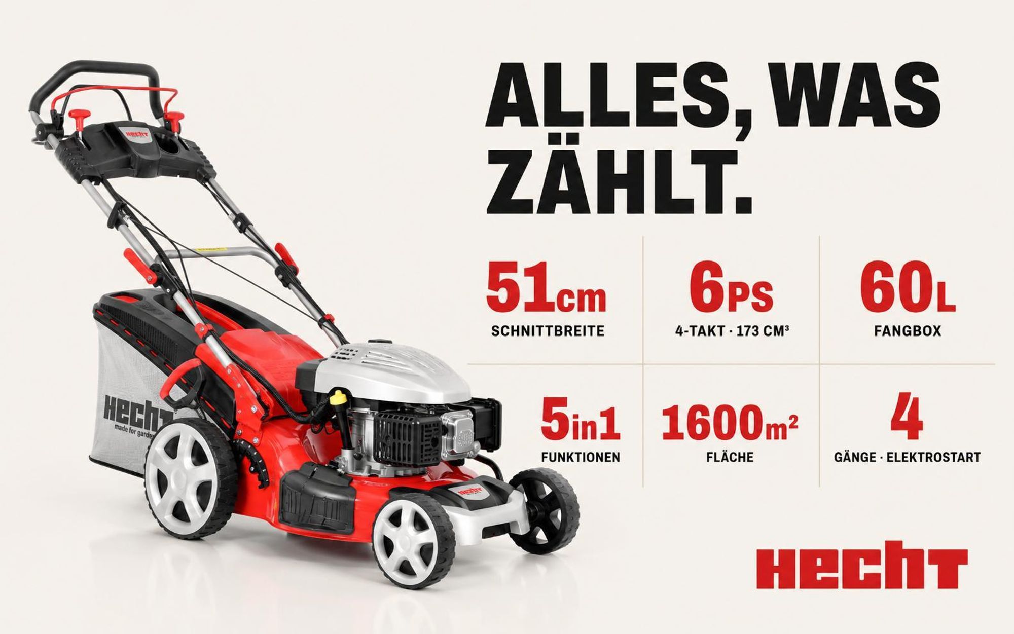 HECHT 5534 SWE Rasenmäher Benzin | mit Antrieb | 51 cm Schnittbreite | Elektrostarter | 5in1 | 6PS | Mulchkit | 60L Grasfangkorb