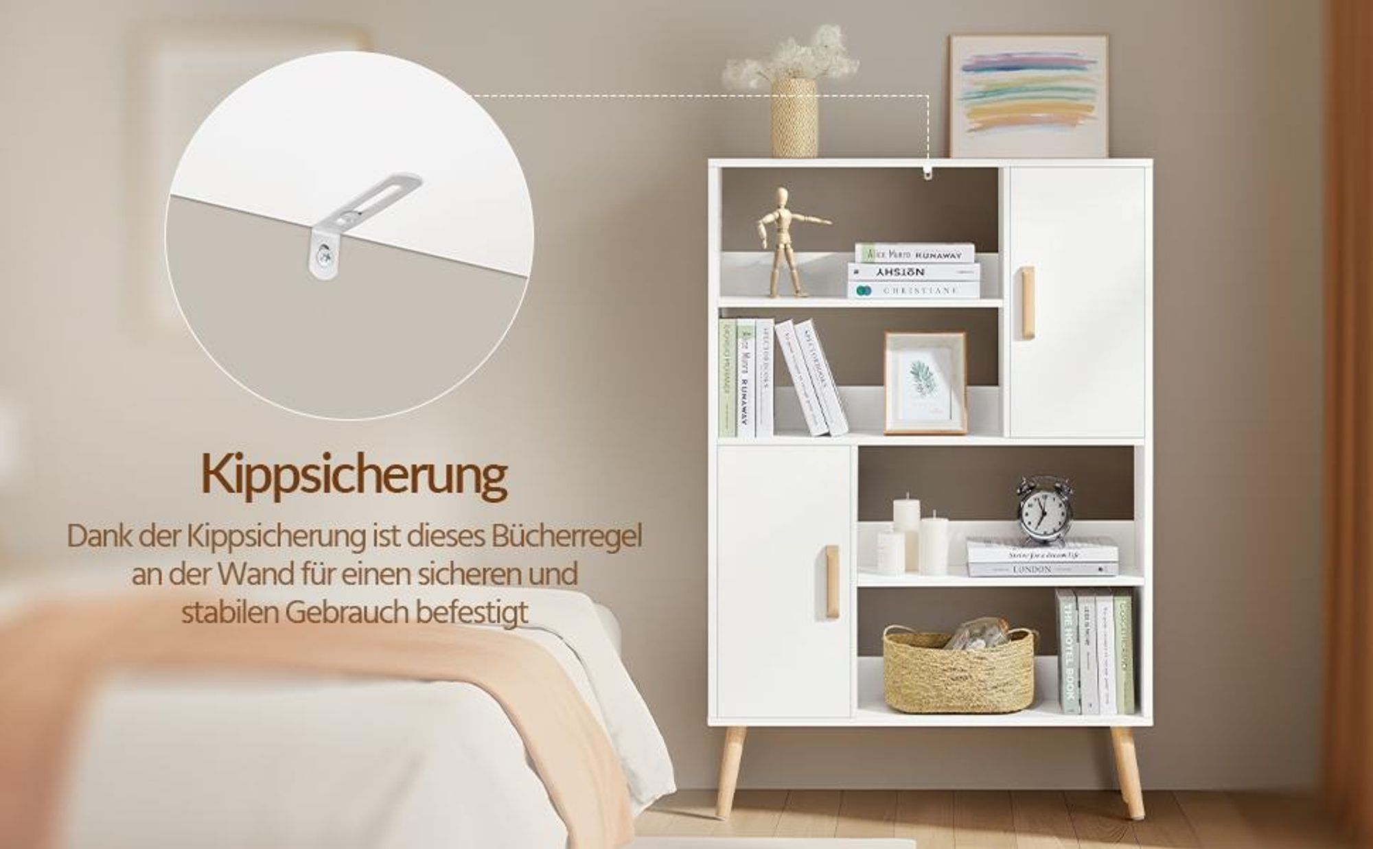 Yaheetech Bücherregal aus Holz, Bücherschrank mit 2 Türen & 4 offenen Regalen, schmaler Standregal Aufbewahrungregal, 80 × 23 × 120 cm, Weiß