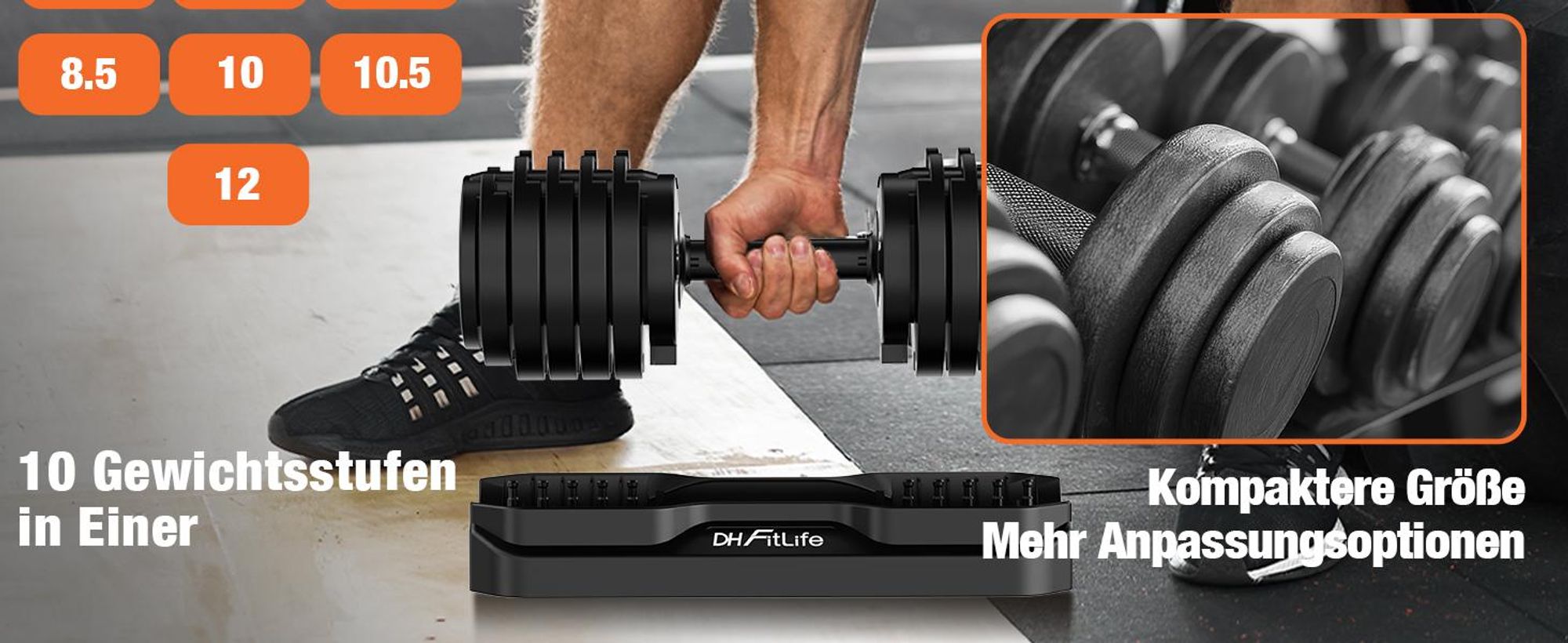 DH FitLife Verstellbare Hanteln 12 kg, 2,5-12 kg, 10 Gewichtsstufen, mit Ablageschale, platzsparend