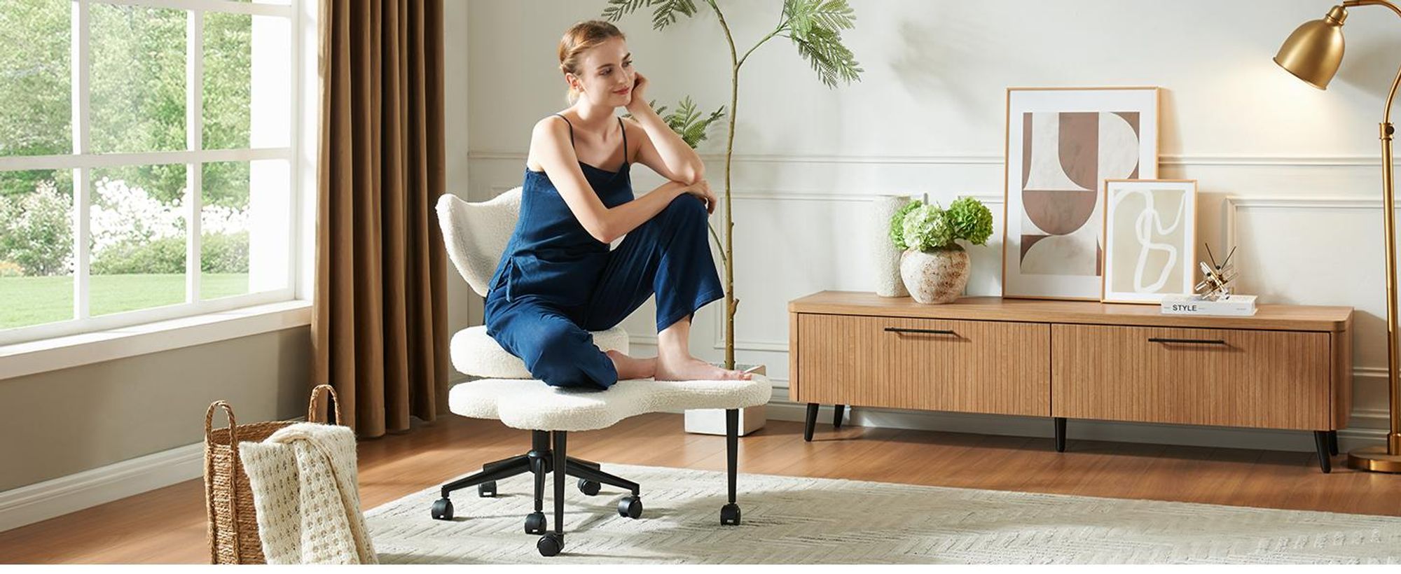 Ergonomischer Meditations-Bürostuhl mit Lordosenstütze, ADHS-Stuhl, höhenverstellbar und Rollen für flexibles Home-Office, Weiß