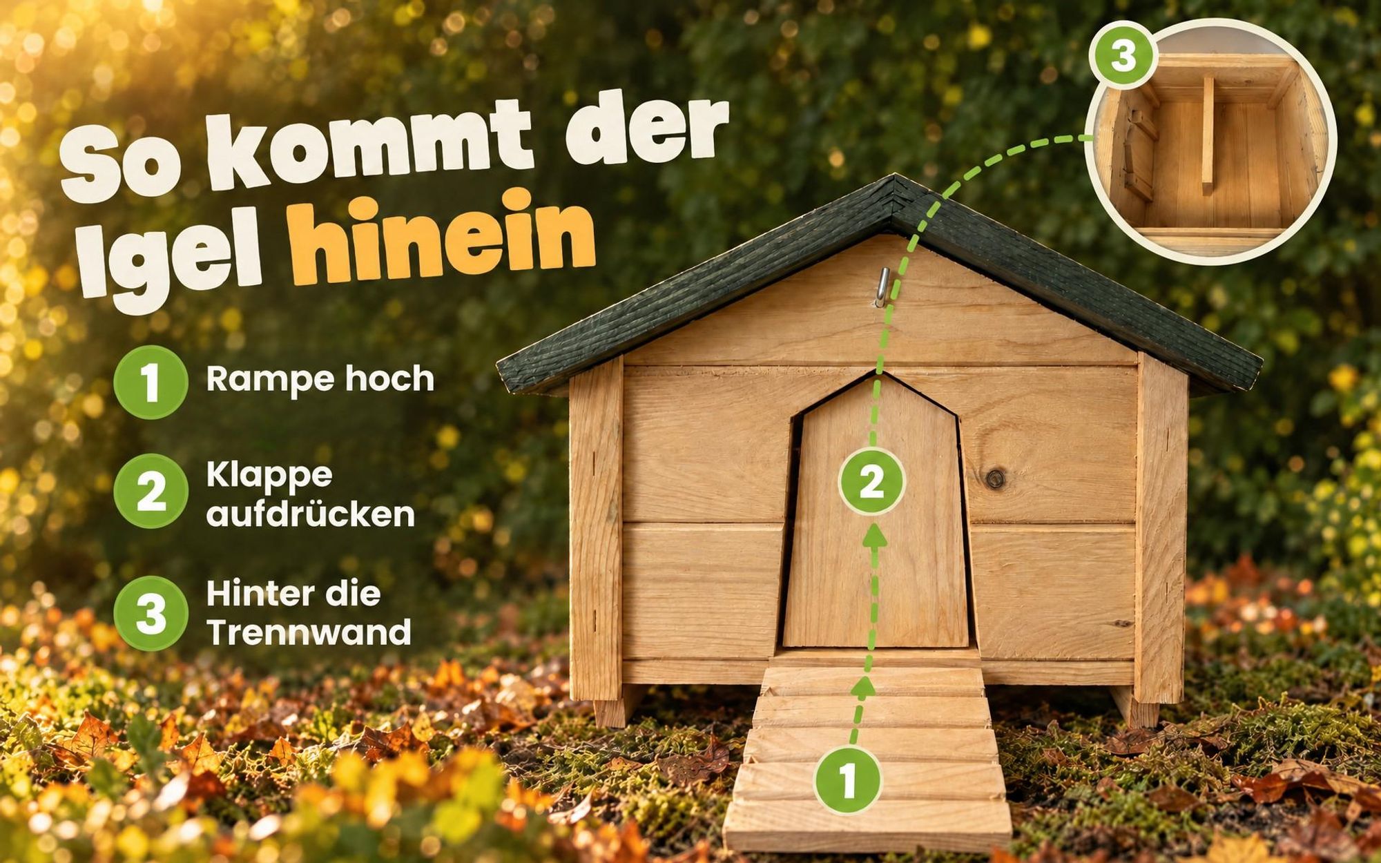 zooprinz Igelhaus Milo aus Holz mit Pendelklappe, Rampe und abnehmbarem Dach