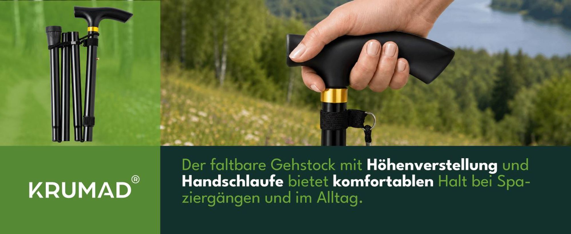 KRUMAD Gehstock klappbar höhenverstellbar 82–92 cm, Teleskop Gehstock für Senioren, faltbare Gehhilfe mit rutschfestem Stand, Schwarz