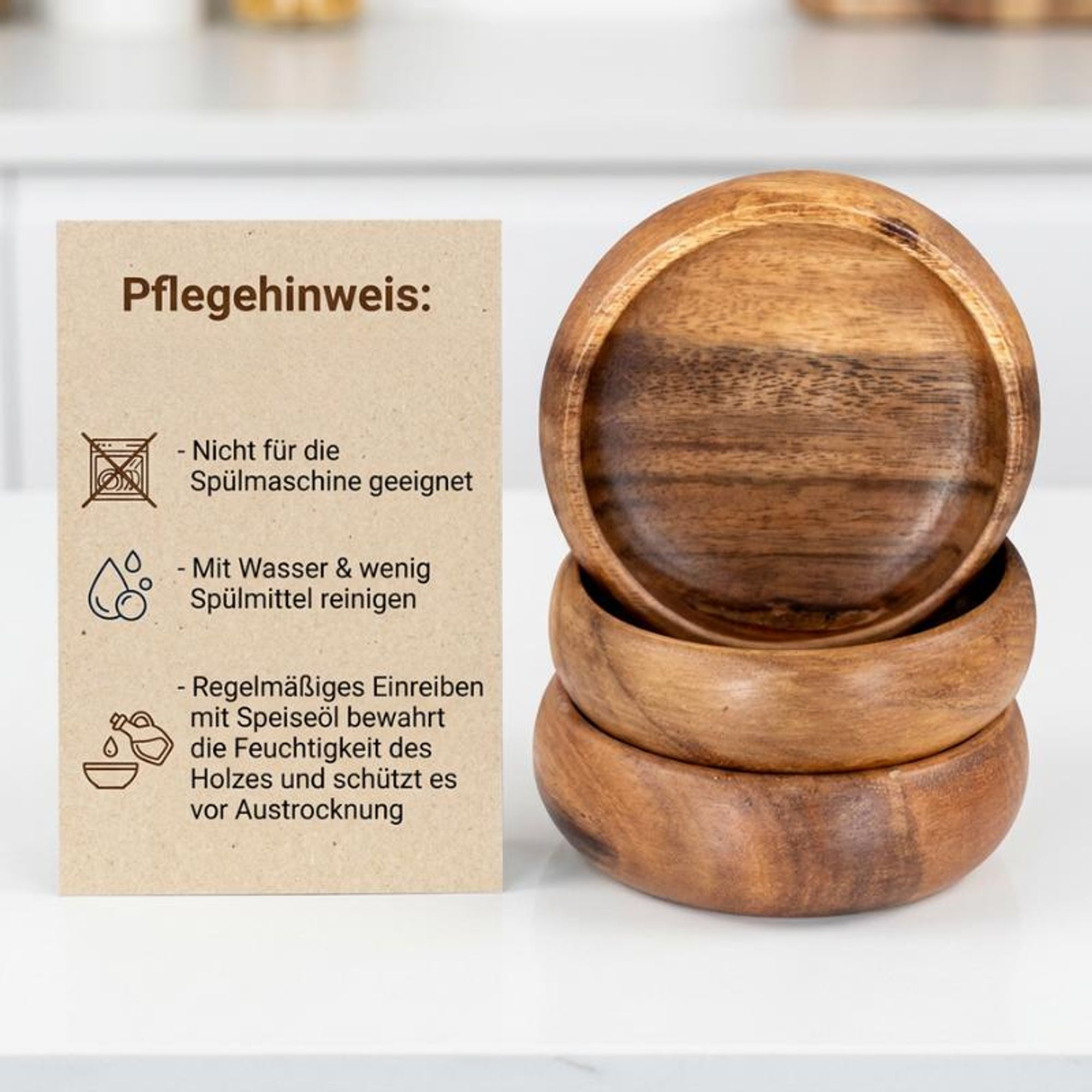 3er Set Snackschale Holz Akazie 10x3cm Rund Design Schale Obstschale Dekoschale