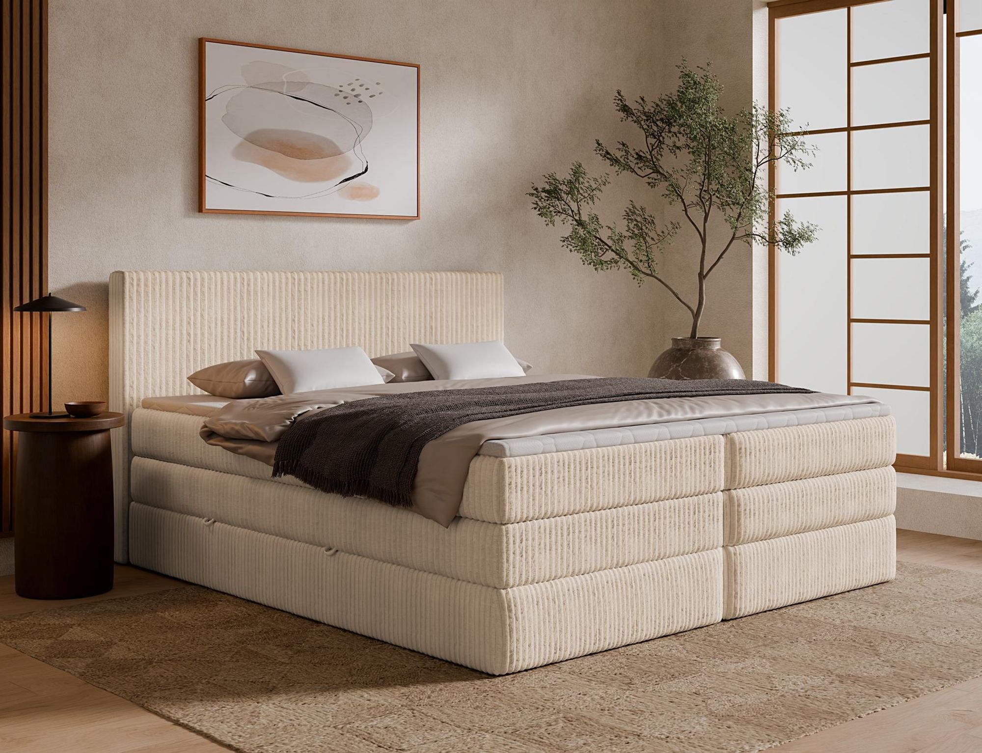Boxspringbett Tilia DUO in Beige mit Bettkasten und gepolstertem Kopfteil