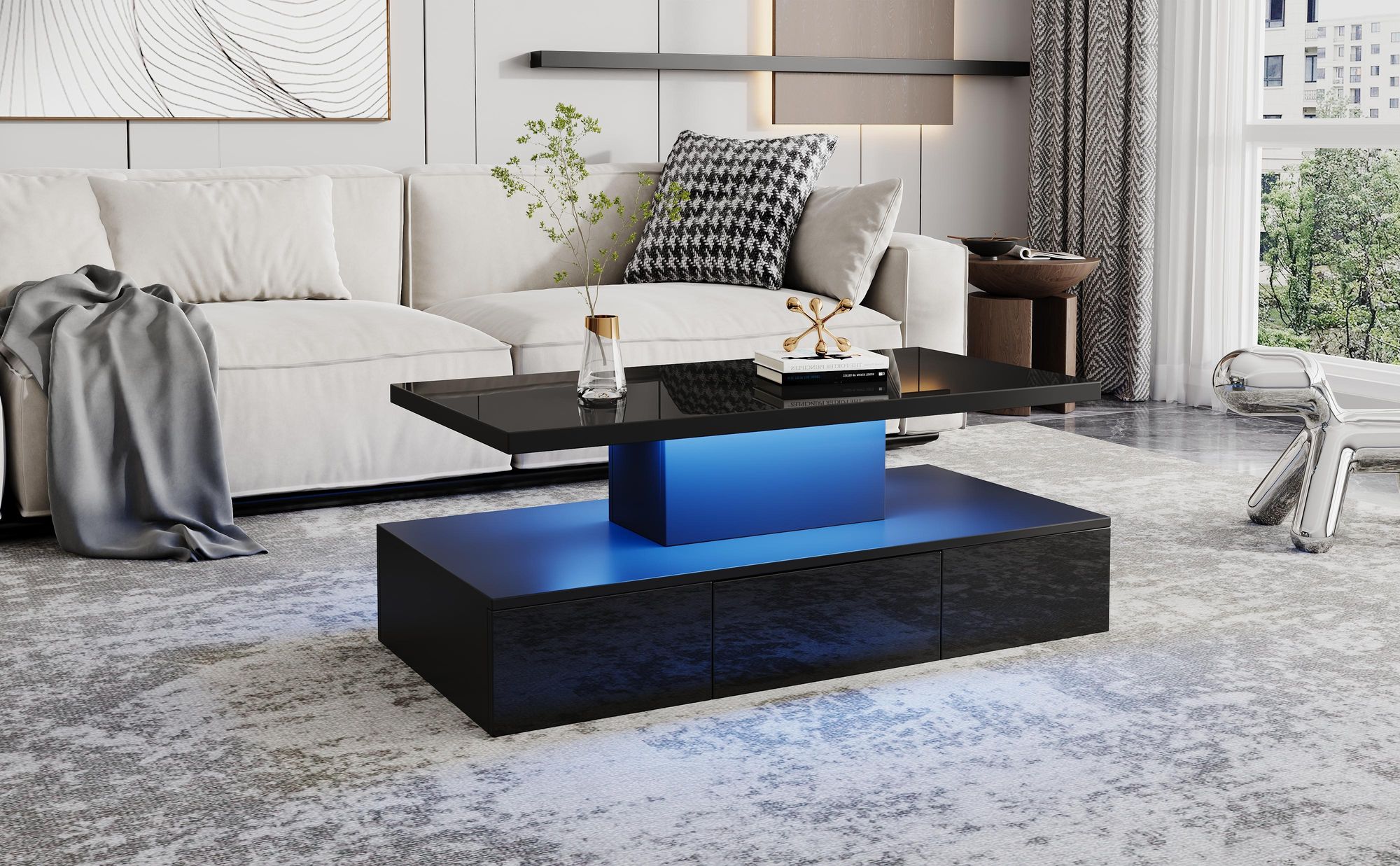 STILVORA Couchtisch 16 LED Beleuchtung-Beistelltisch mit Hochglanz,Sofatisch mit offenem Ausstellungsregal und 1 Schiebeschubladen,schwarz