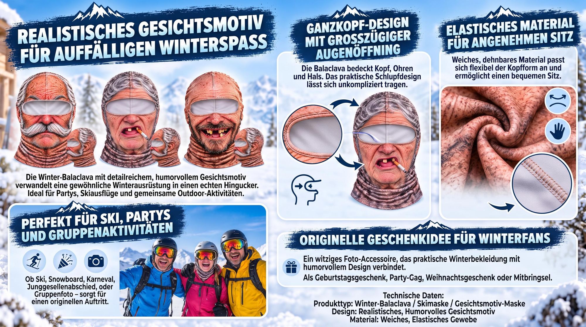 Lustige Balaclava mit Gesichtsprint, Winter Sturmhaube für Erwachsene, Skimaske mit Augenöffnung, für Ski, Snowboard, Party und Verkleidung-1