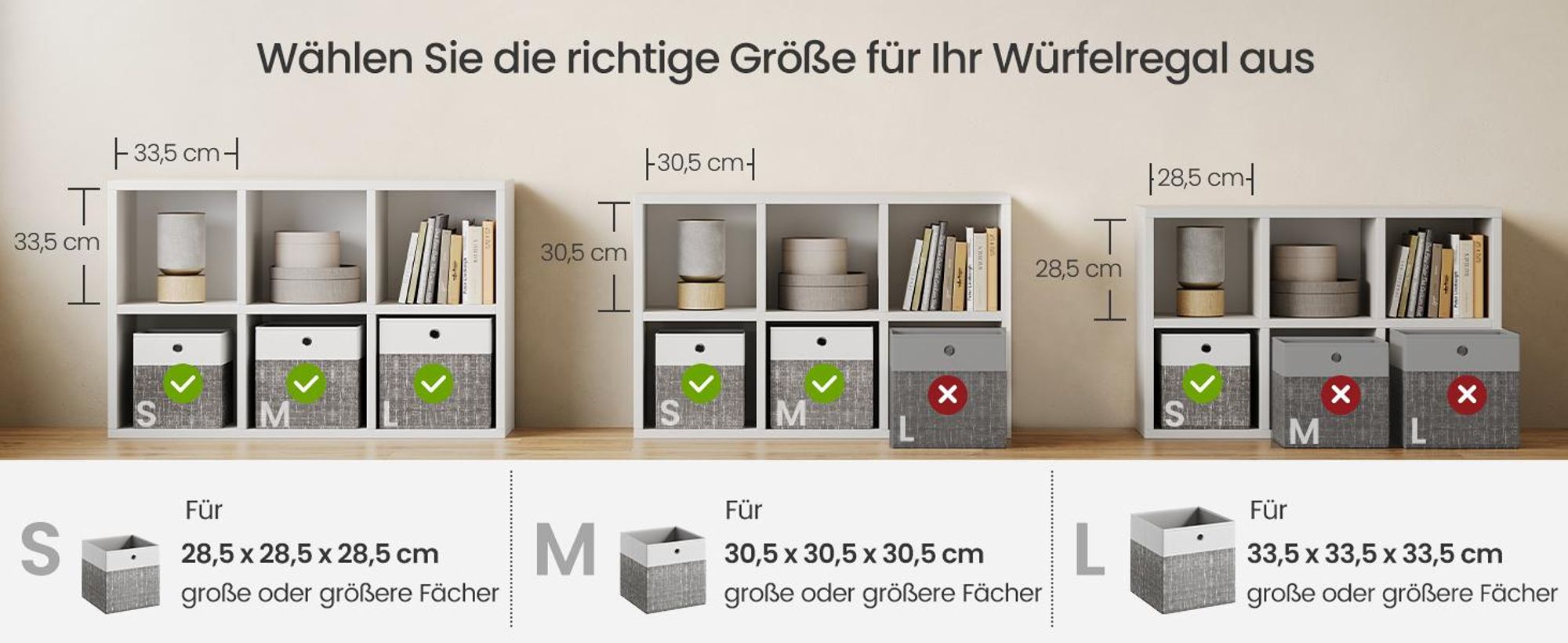 SONGMICS Aufbewahrungskörbe, 6er Set, faltbare Stoffboxen mit PP-Platten, für Regal, 33 x 33 x 33 cm, weiß-grau