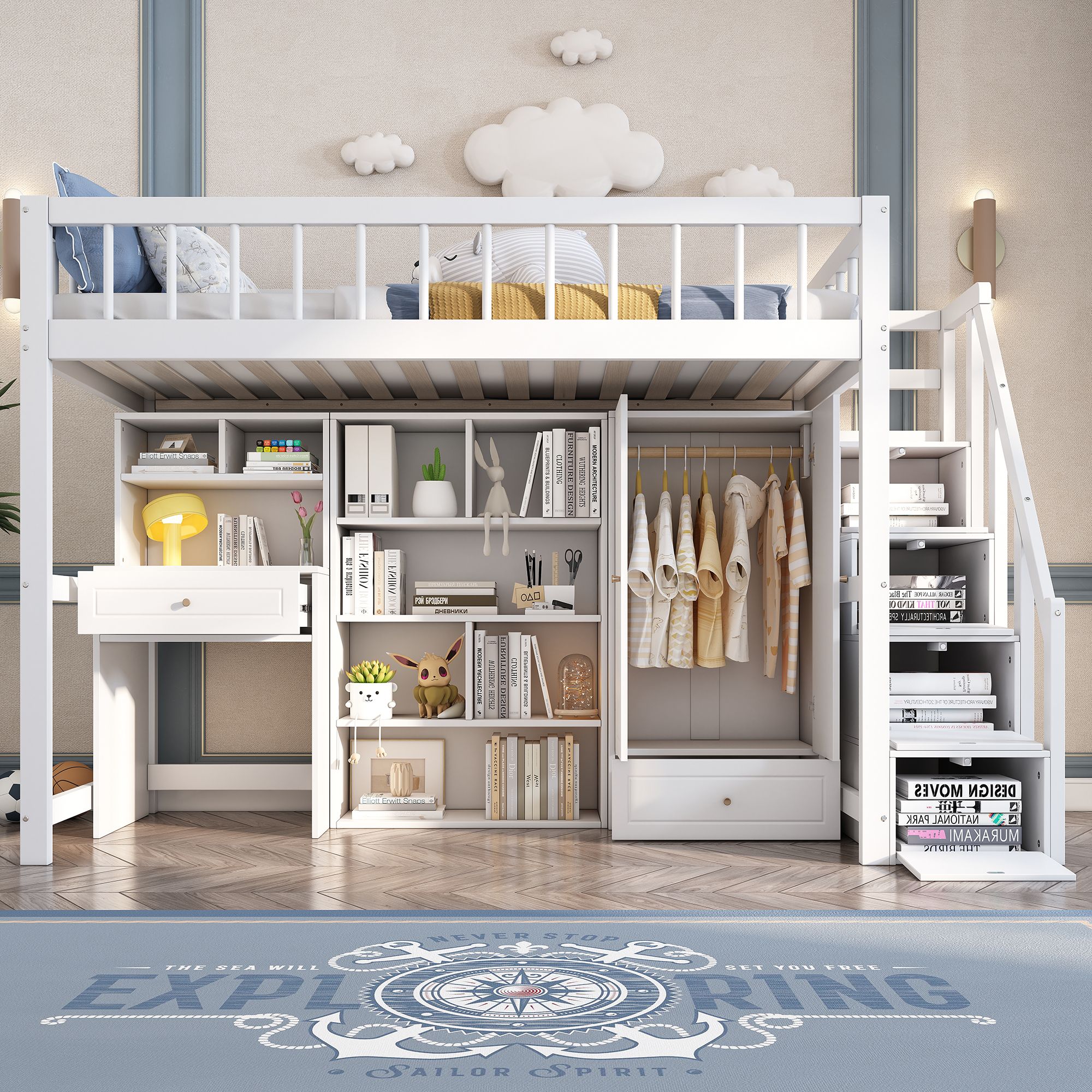 Flieks Etagenbett 90x200cm mit Rausfallschutz, Hochbett mit Treppe, Komplettes Schlafzimmerset, Kinderbett mit Kleiderschrank Schreibtisch Regal, Weiß