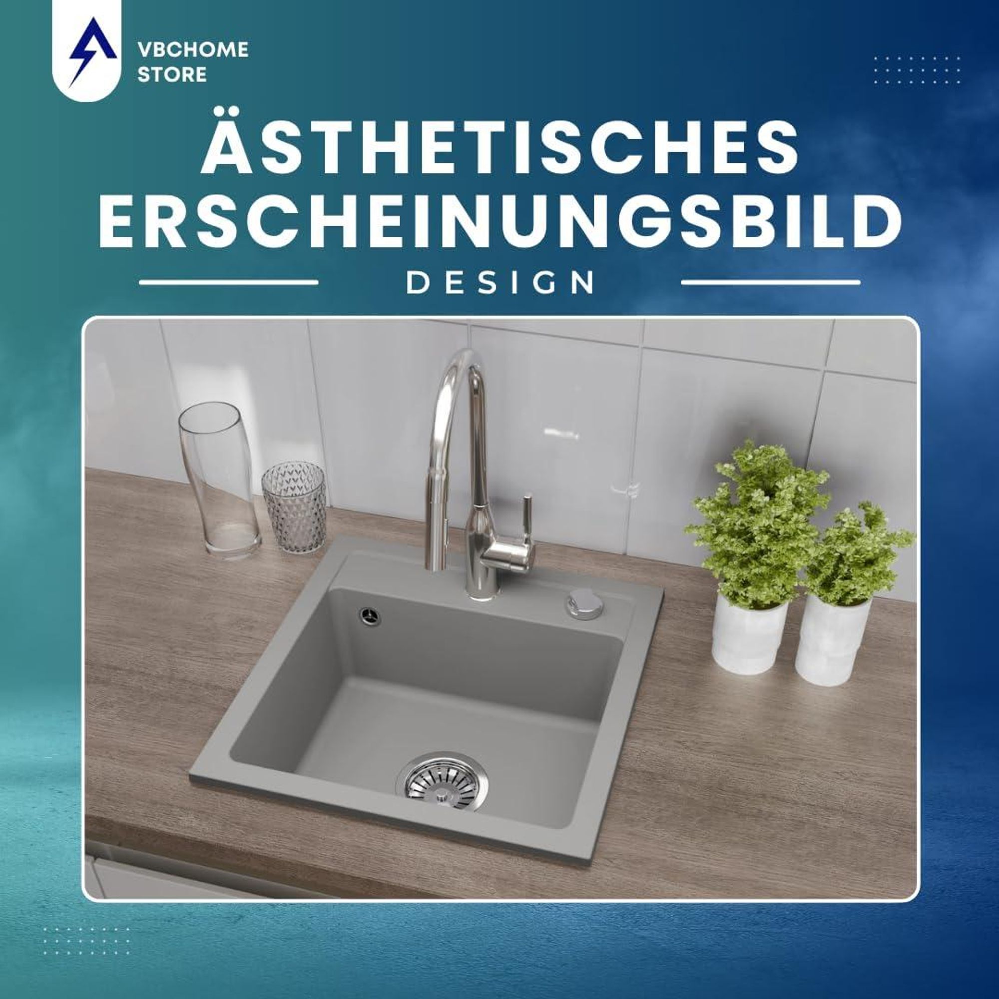 VBChome Granitspüle 44 x 44 cm Grau Einzelbecken Einbauspüle Gesprenkelt Pflegeleichtes Spülbecken mit Siphon Ideal für kleine Küchen