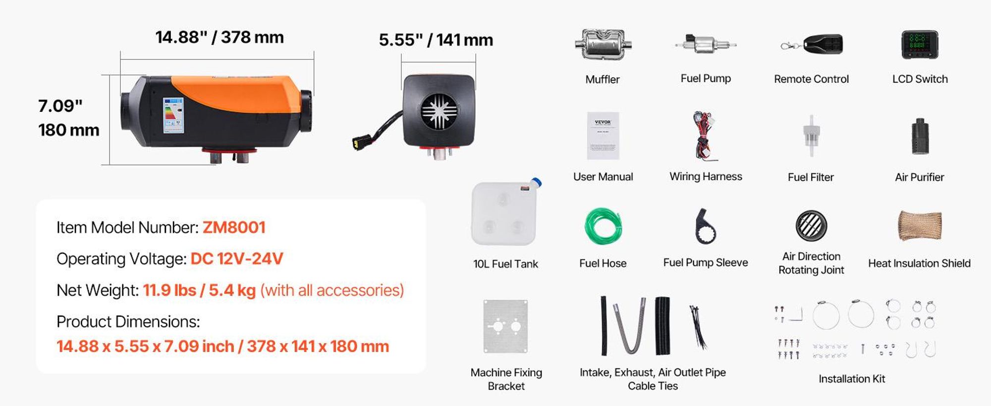 VEVOR 12V 2KW Diesel-Luftheizung Dieselheizung Standheizung Luft-Dieselheizung mit Schalldämpfer, 10L Tank, LCD-Schalter für Autos, Busse, Wohnmobile, Lkw, Baumaschinen, Geteilte Typ-i, Orange-e