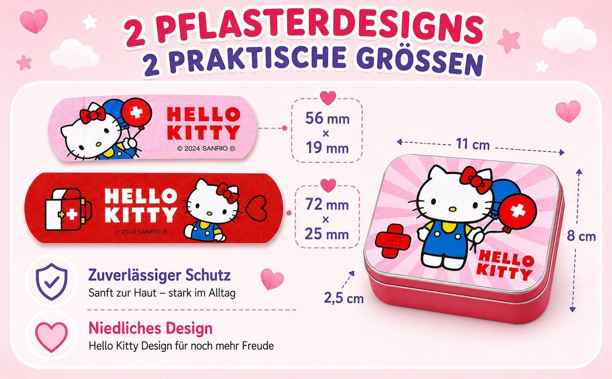 Hello Kitty Rosa Kinderpflaster Lizensiertes Produkt - Metall-Box - 24 Pflaster - Schönes Design Pflaster Aufbewahrungsbox für Kinder - 1 Box
