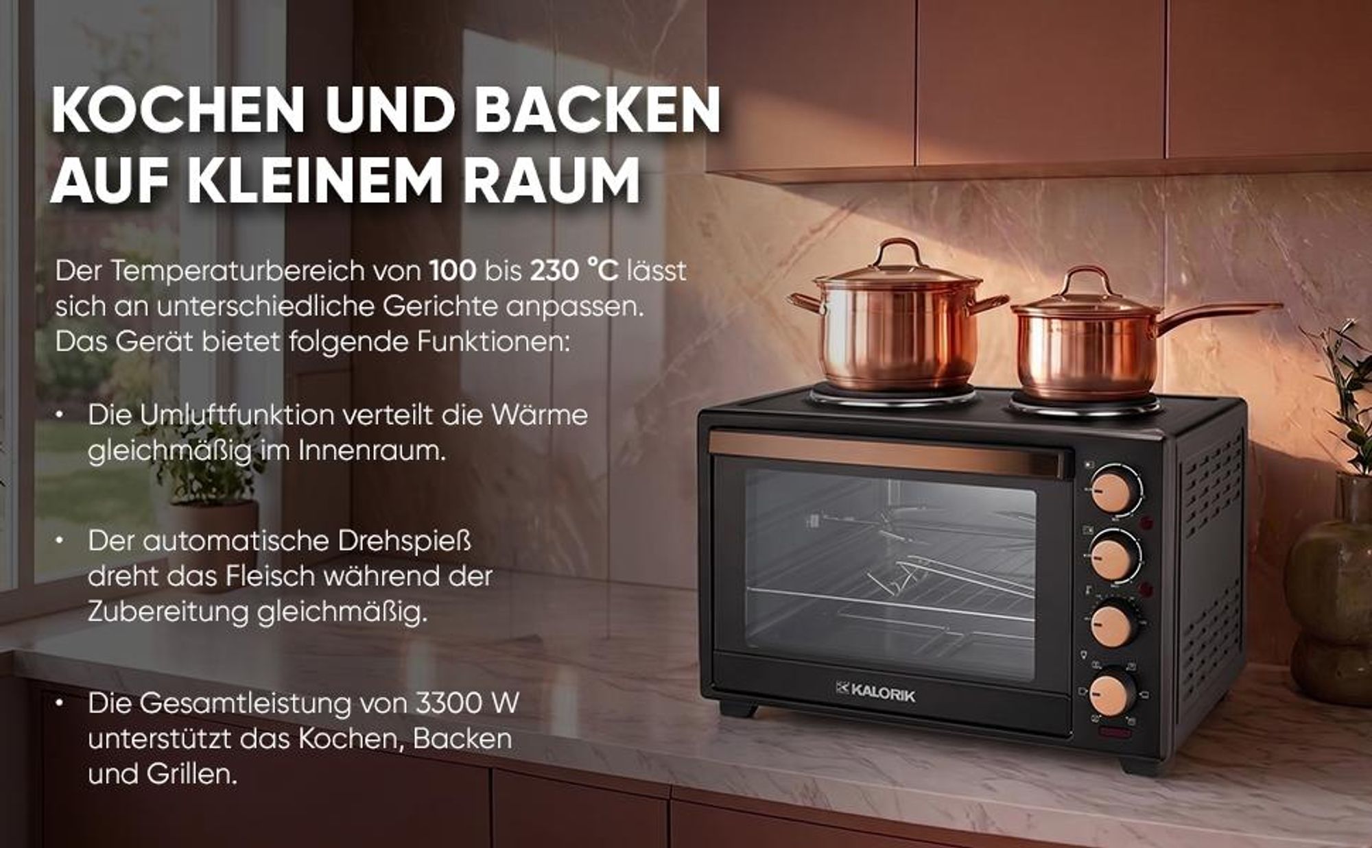 Minibackofen, 30 l, Heizplatten, Förderband, Drehspieß, 3300 W KALORIK
