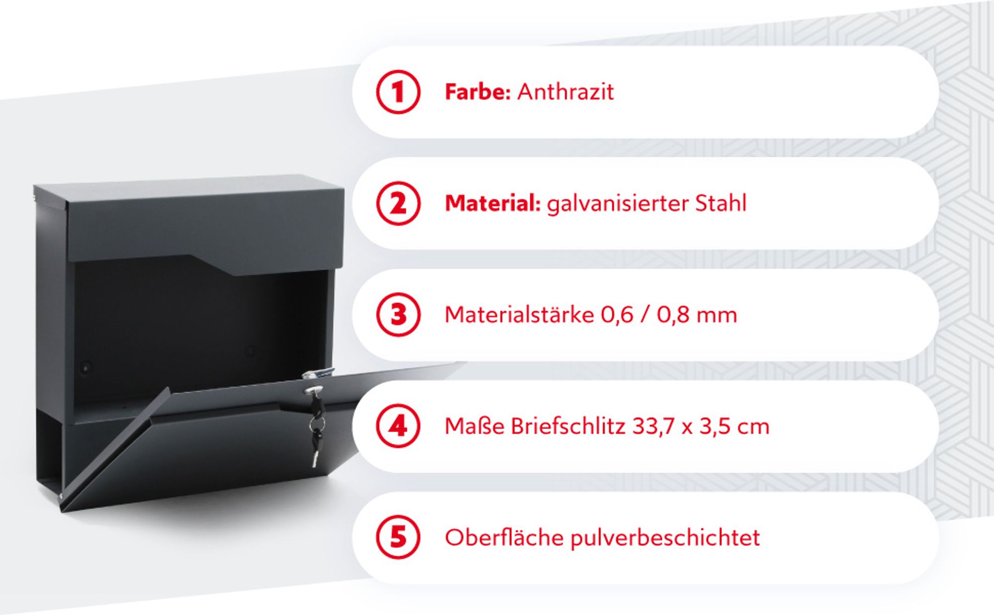 Wiltec Designer Briefkasten V19 anthrazit 370 x 102 x 370 mm, Wandbriefkasten mit Schloss und Zeitungsrolle, Postkasten aus pulverbeschichtetem Stahl