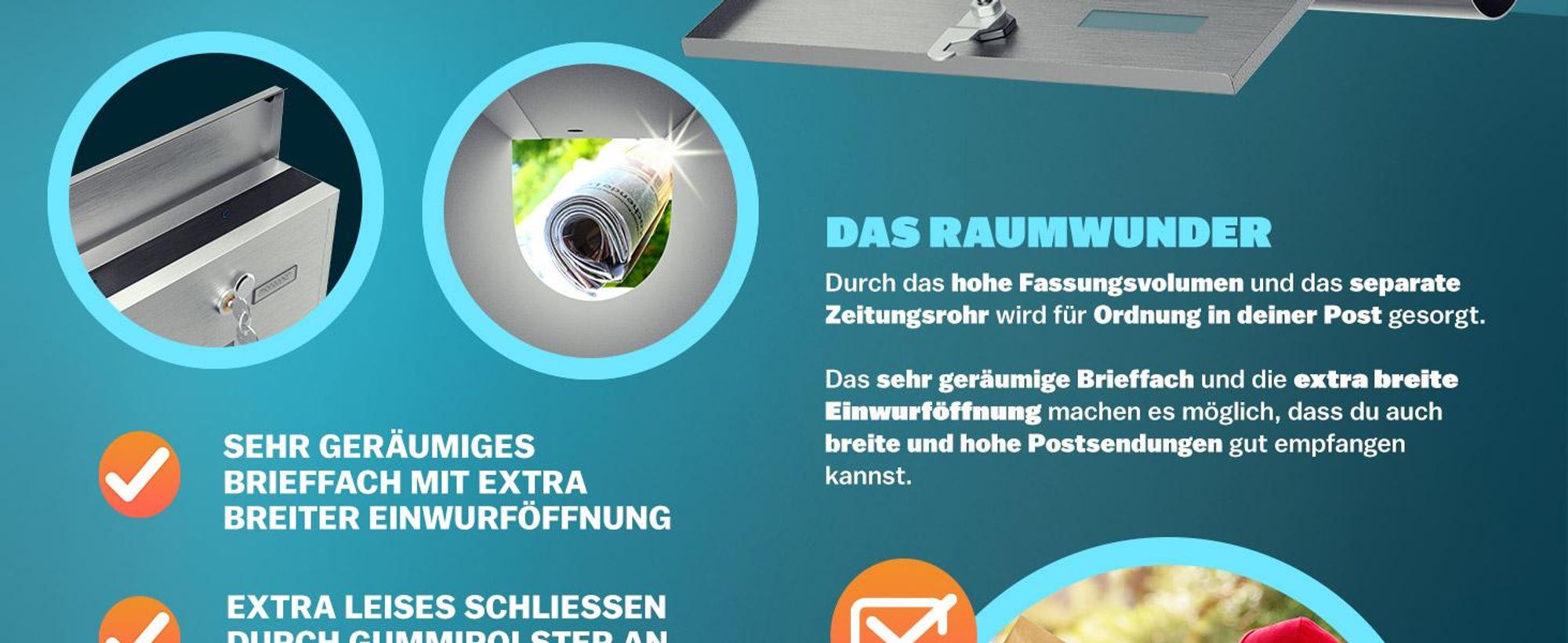 MONZANA® Briefkasten Kreuzschloss mit Kupfer-Schließzylinder drehbare Abdeckung 31x10x34 cm Sichtfenster Namensschild Zeitungsfach einfache Montage Edelstahl 2 Schlüssel Postkasten Silber
