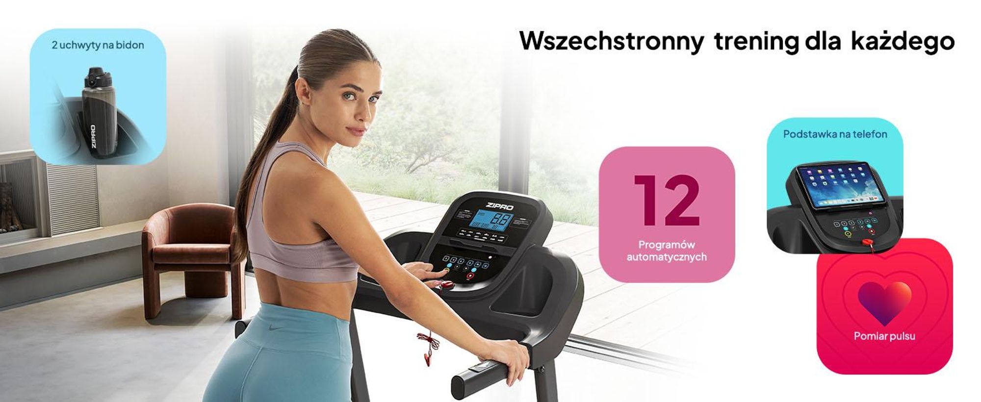 Bieżnia składana Zipro Tekno, cichy silnik elektryczny 1080 W, szeroka powierzchnia do biegania 40 cm Bieżnia do domu Składana z nachyleniem SportRun Running Sport
