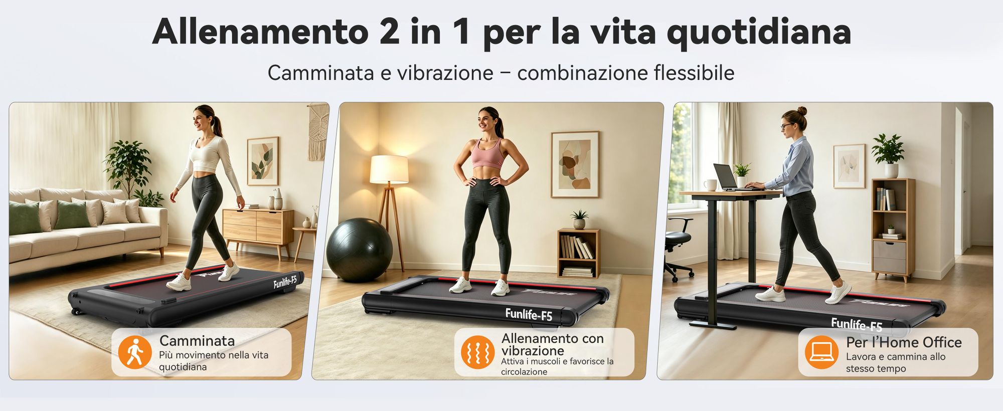 FunLife F5, tapis roulant multifunzione 2-in-1 con allenamento a vibrazione – motore brushless, tapis roulant silenzioso per la casa e l'ufficio, velocità da 1 a 6 km/h, design compatto