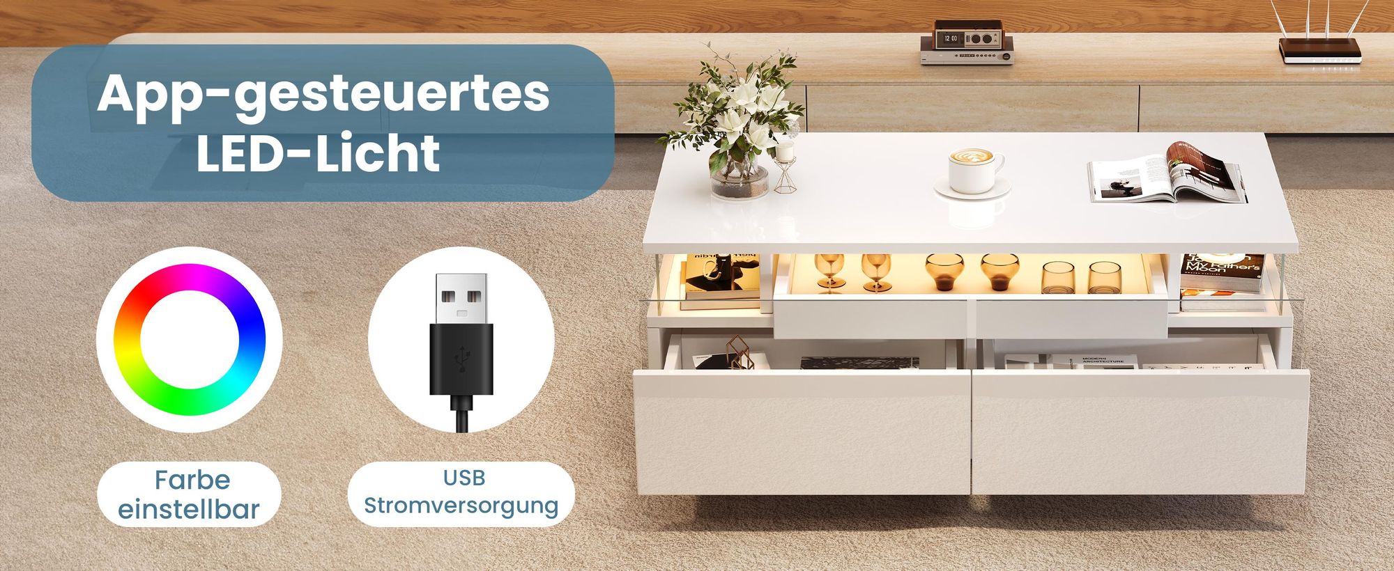 MODFU Couchtisch weiß mit 2 Schubladen,Kaffeetisch Sofatisch mit stauraum und LED-Licht,Hochglanz-Beistelltisch aus gehärtetem Glas,90×45×35.5cm