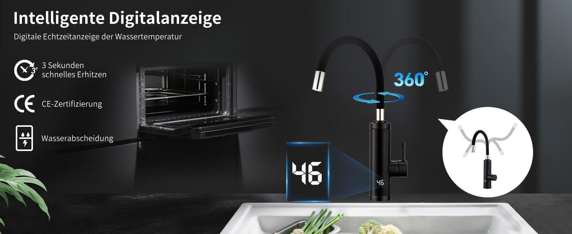 HOMELODY Elektrischer Wasserhahn mit Durchlauferhitzer 3300W, Armatur Küche 304 Edelstahl mit 360° Flexibler Schlauch LED Temperaturanzeige Schwarz