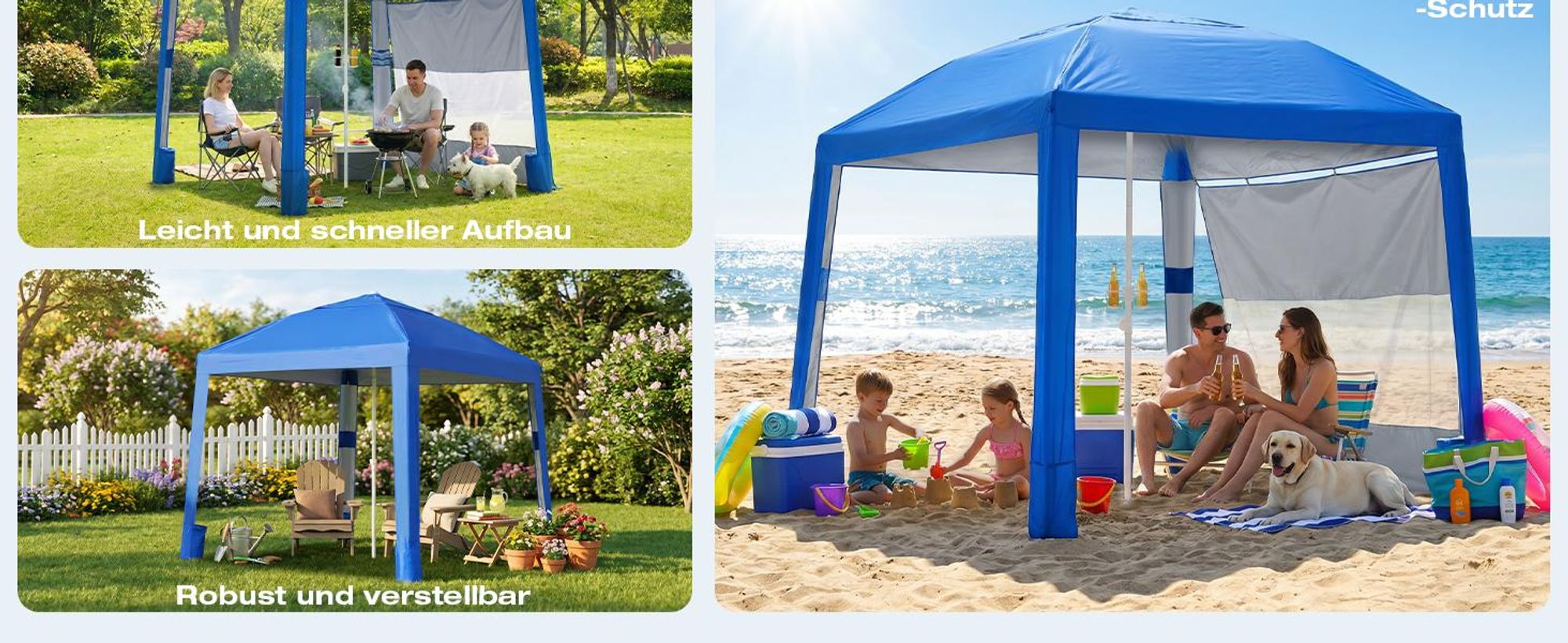 Sekey Strandmuschel Pop Up 240 x 240 cm für 4 Personen mit Seitenvorhang Höhenverstellbar UV Schutz 50+ Windfest Strandzelt
