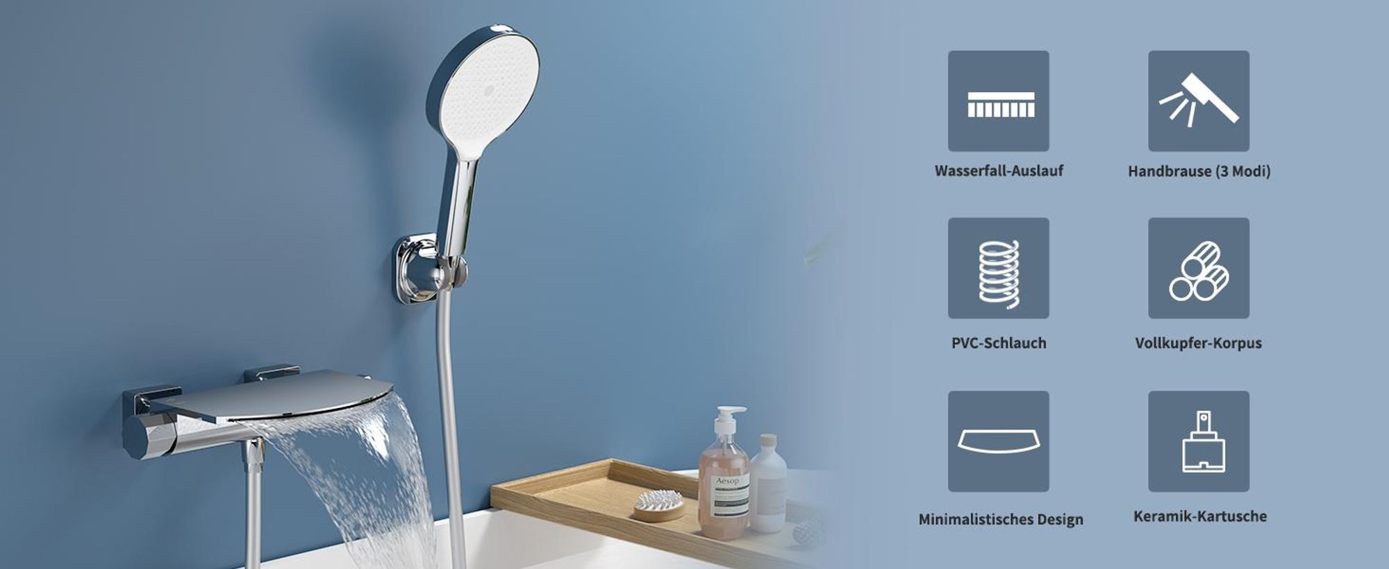 Homelody Brausebatterie-Set, Brausebatterie mit Handbrause & Ablage, Badewannenarmatur aus Messing Brausehalter und Brauseschlauch inkl. Verchromt