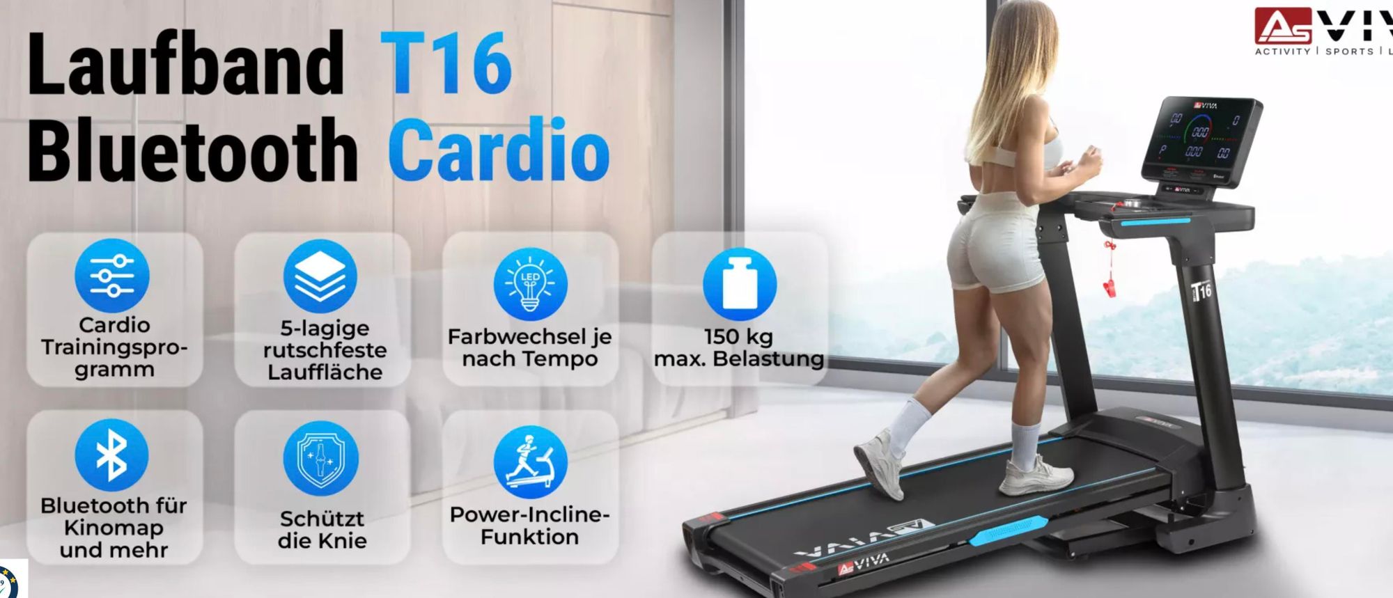 Laufband klappbar AsVIVA T16 Heimtrainer mit Bluetooth bis 18 km/h 18% Steigung bis 150kg für Zuhause