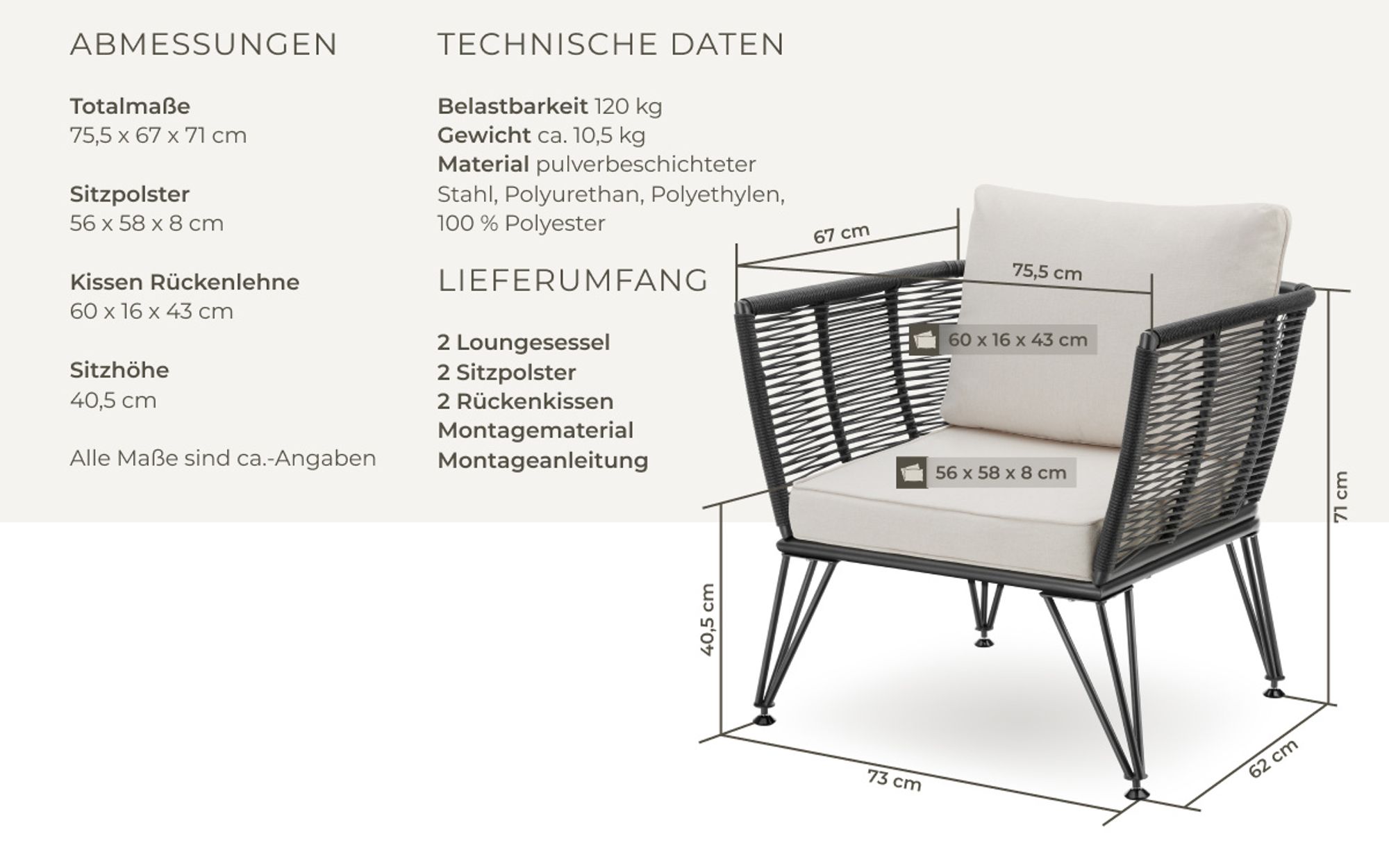 tectake® Garten-Loungesessel Sundo im Rope-Design