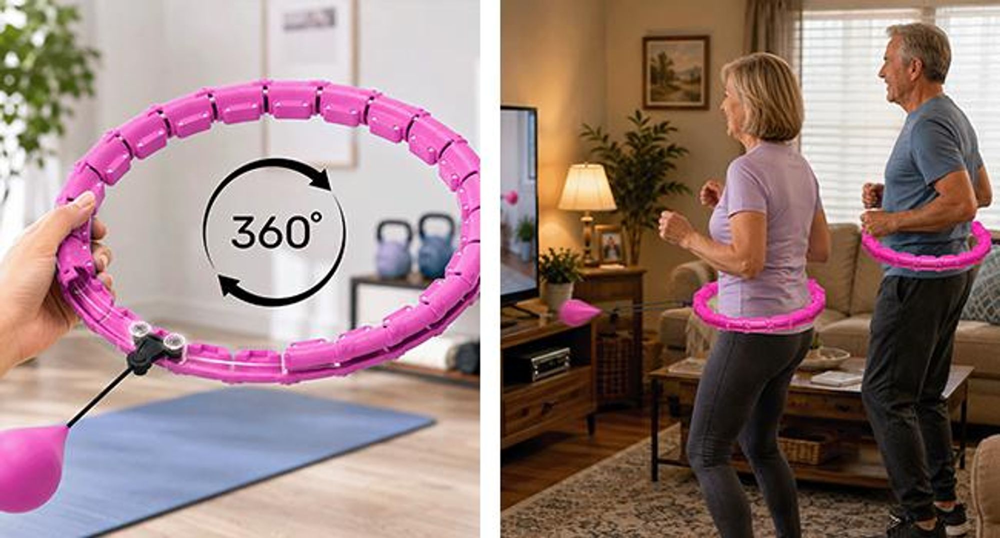 KRUMAD Hula Hoop mit Gewichtskugel, Fitnessreifen 50 cm, verstellbarer Umfang, 360° drehbar, Fitnessreifen mit Noppen, Rosa